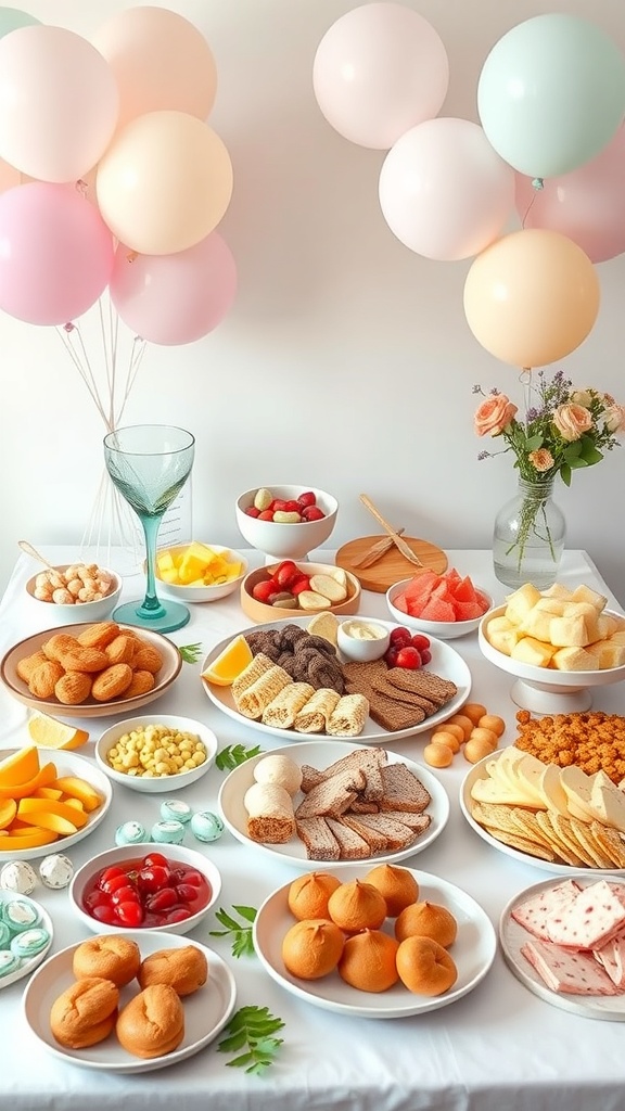 A colorful baby shower charcuterie board with various snacks, fruits, and pastries, alongside balloons and flowers.