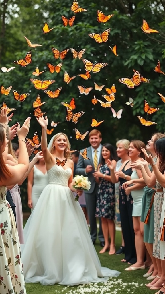 A bride and guests releasing butterflies during a bridal shower celebration.