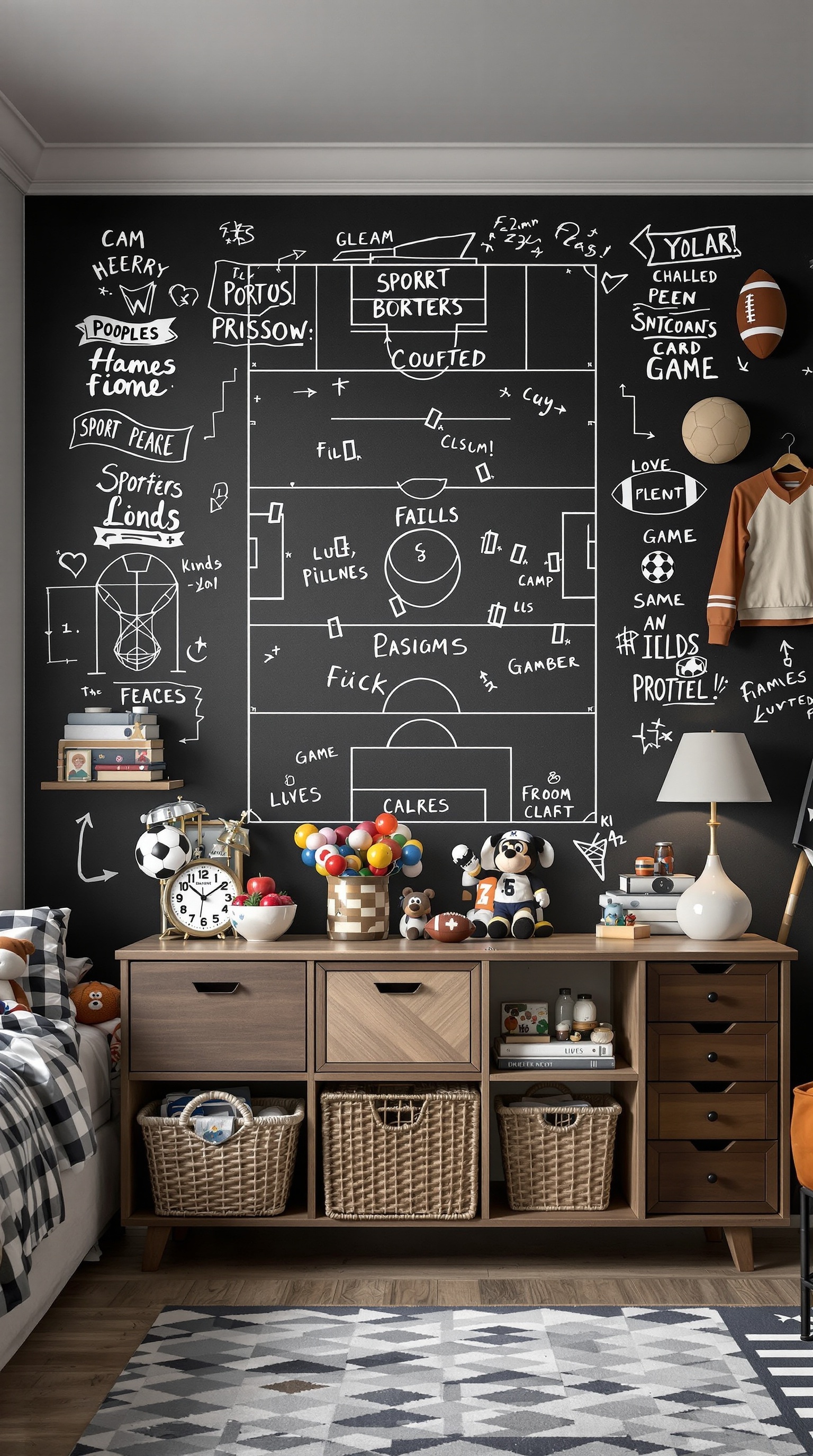 A kids' bedroom featuring an interactive chalkboard wall filled with sports strategies and drawings.
