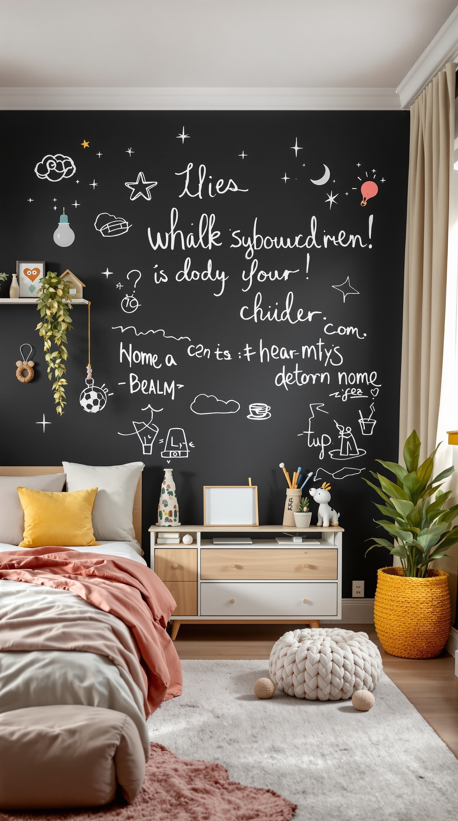 A modern kid's bedroom with a chalkboard wall filled with doodles and playful messages.
