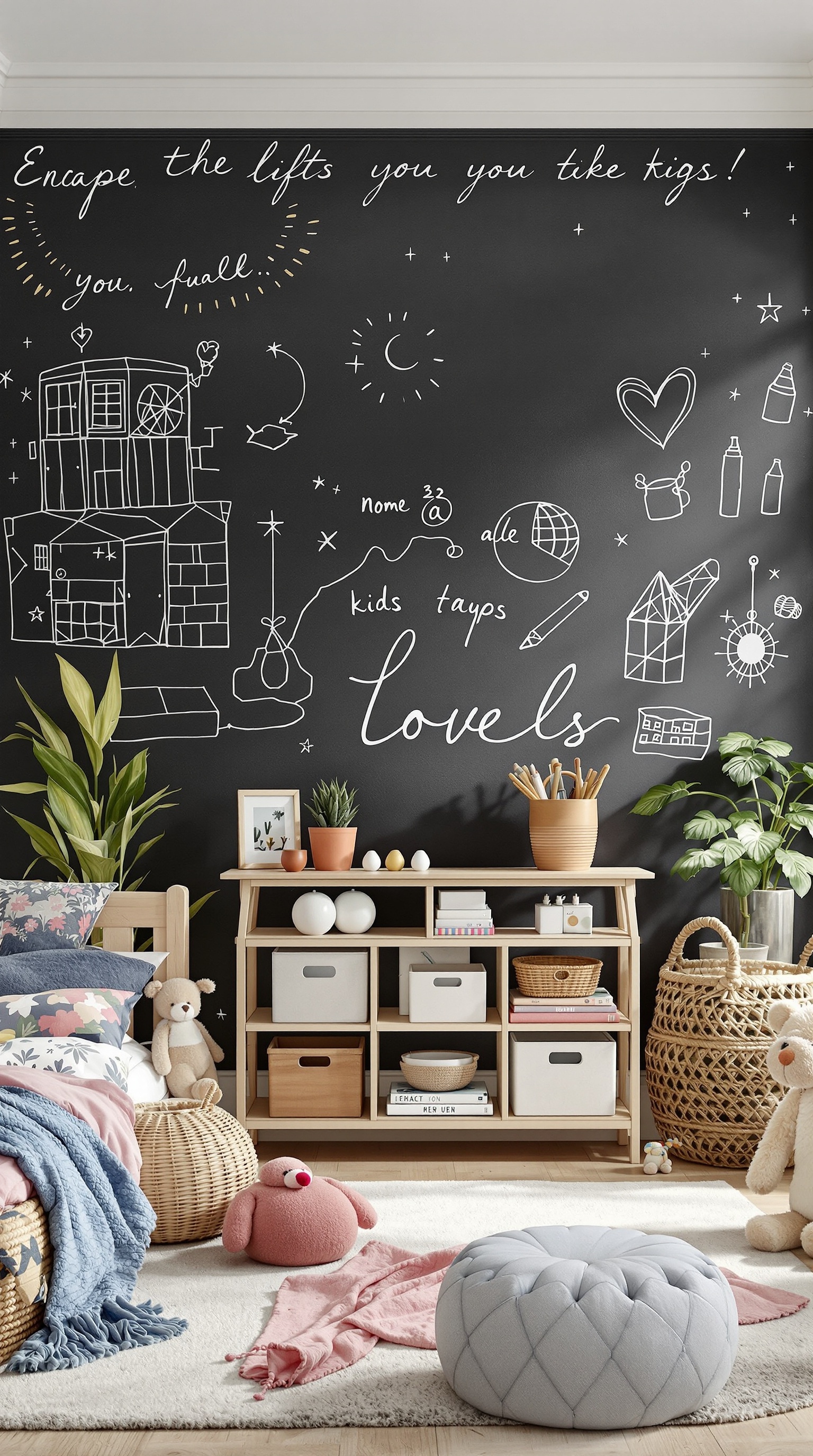 A boho kids room featuring an interactive chalkboard wall with doodles and phrases, surrounded by cozy decor.