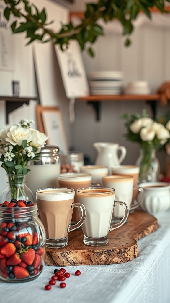 An interactive coffee art station with various coffee drinks, fresh flowers, and a display of berries.