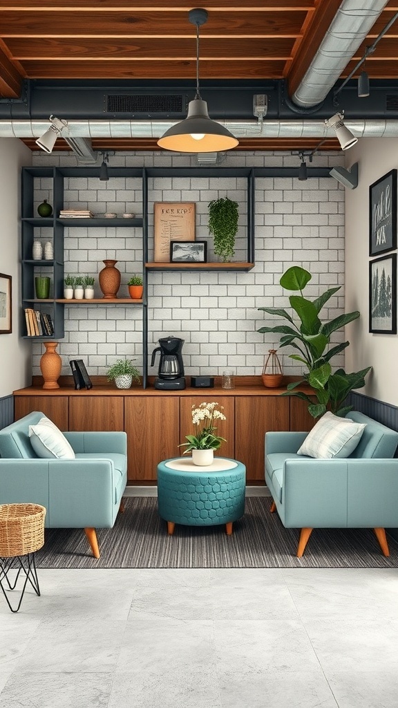 A cozy coffee bar setup with blue chairs, a round table, and decorative plants.