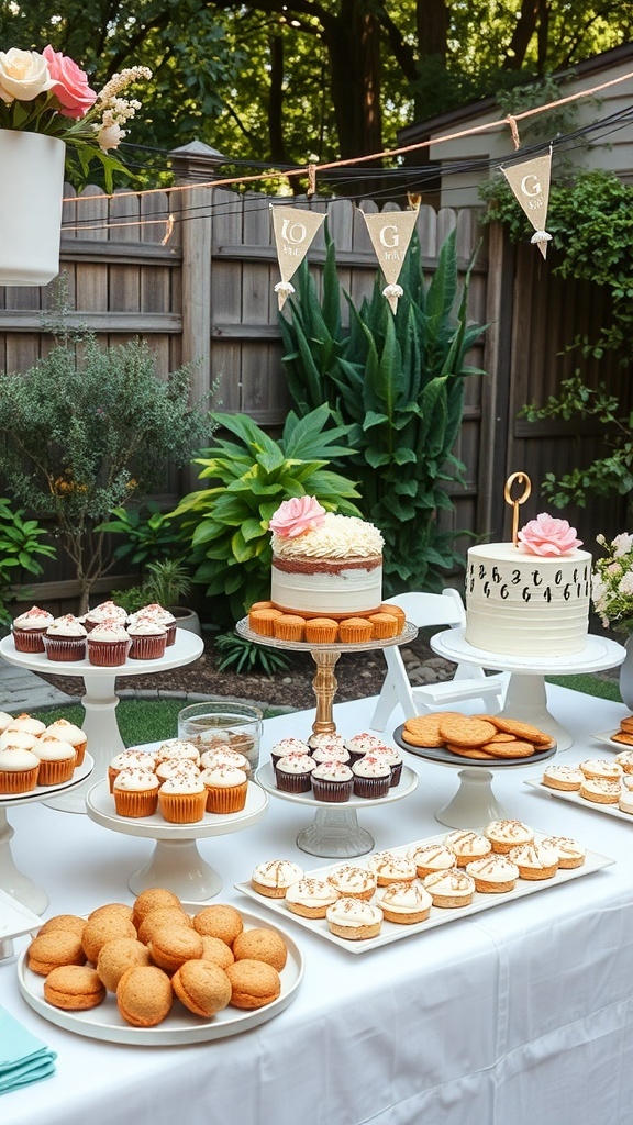A beautifully arranged interactive dessert bar with a variety of cupcakes, cookies, and a wedding cake, set in a backyard.