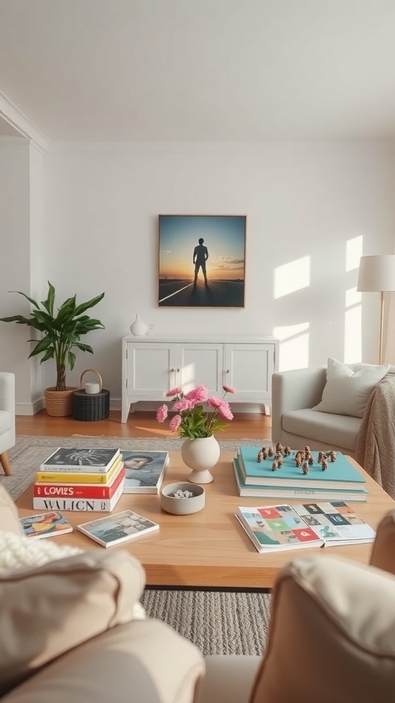 A cozy living room with a coffee table decorated with books, a decorative bowl, and flowers.