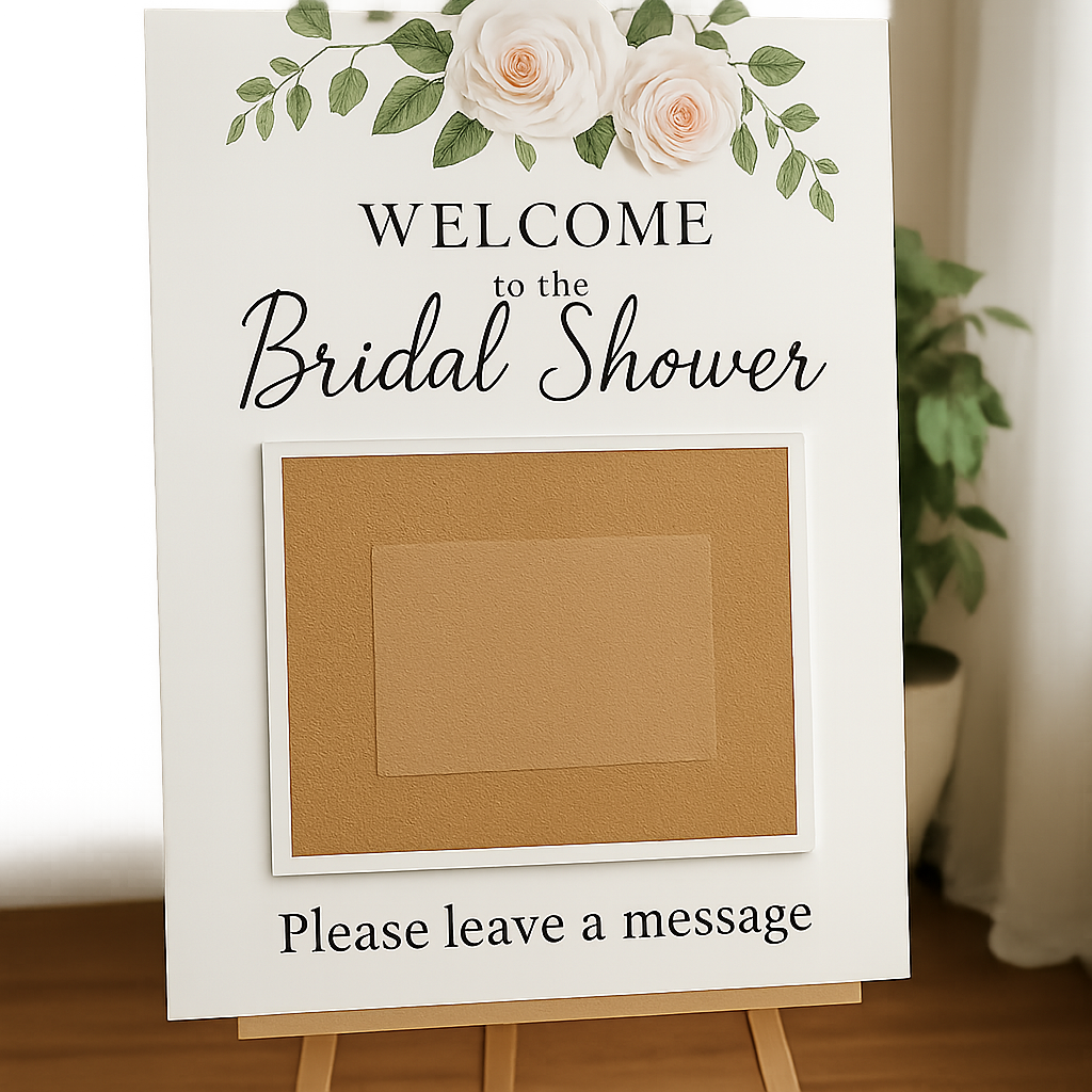 A bridal shower welcome sign with a floral design inviting guests to leave messages.