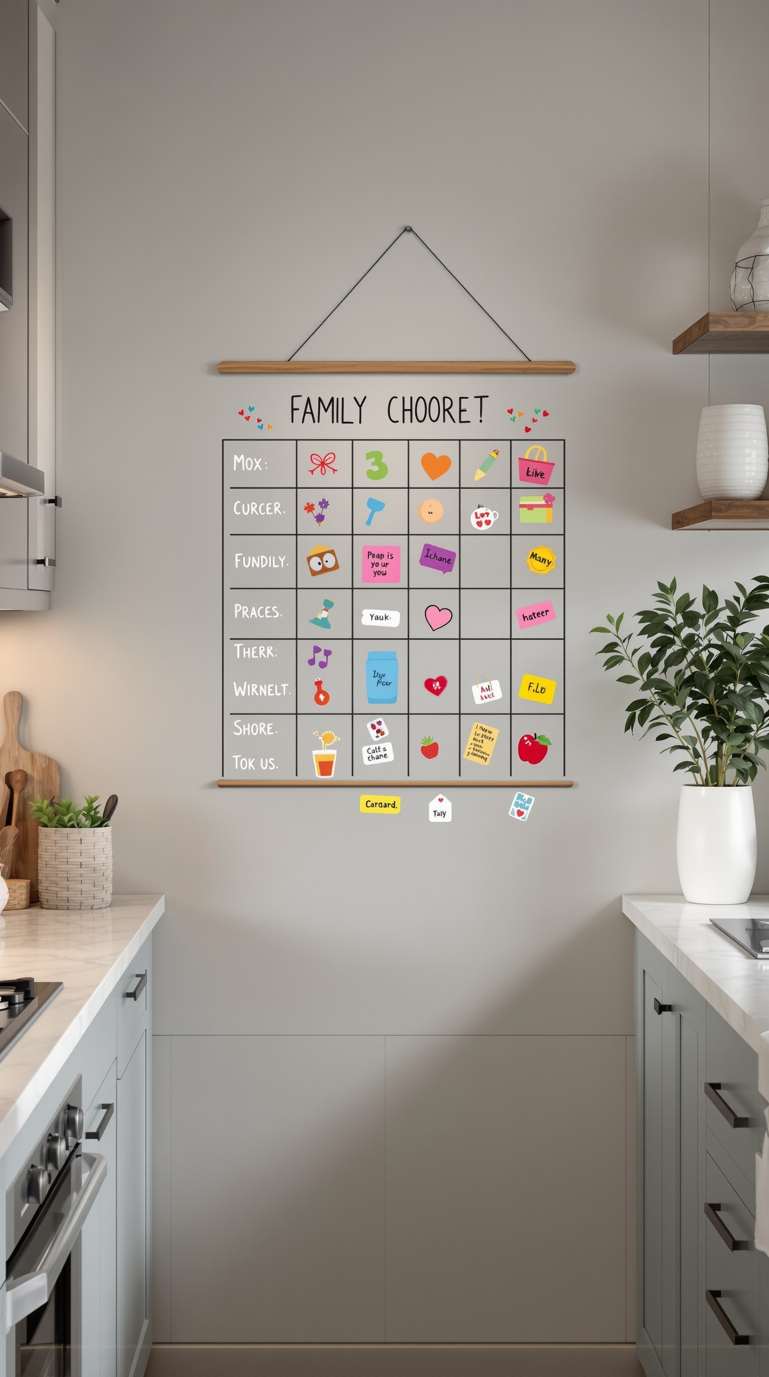 A colorful family chart with stickers and notes in a kitchen setting.