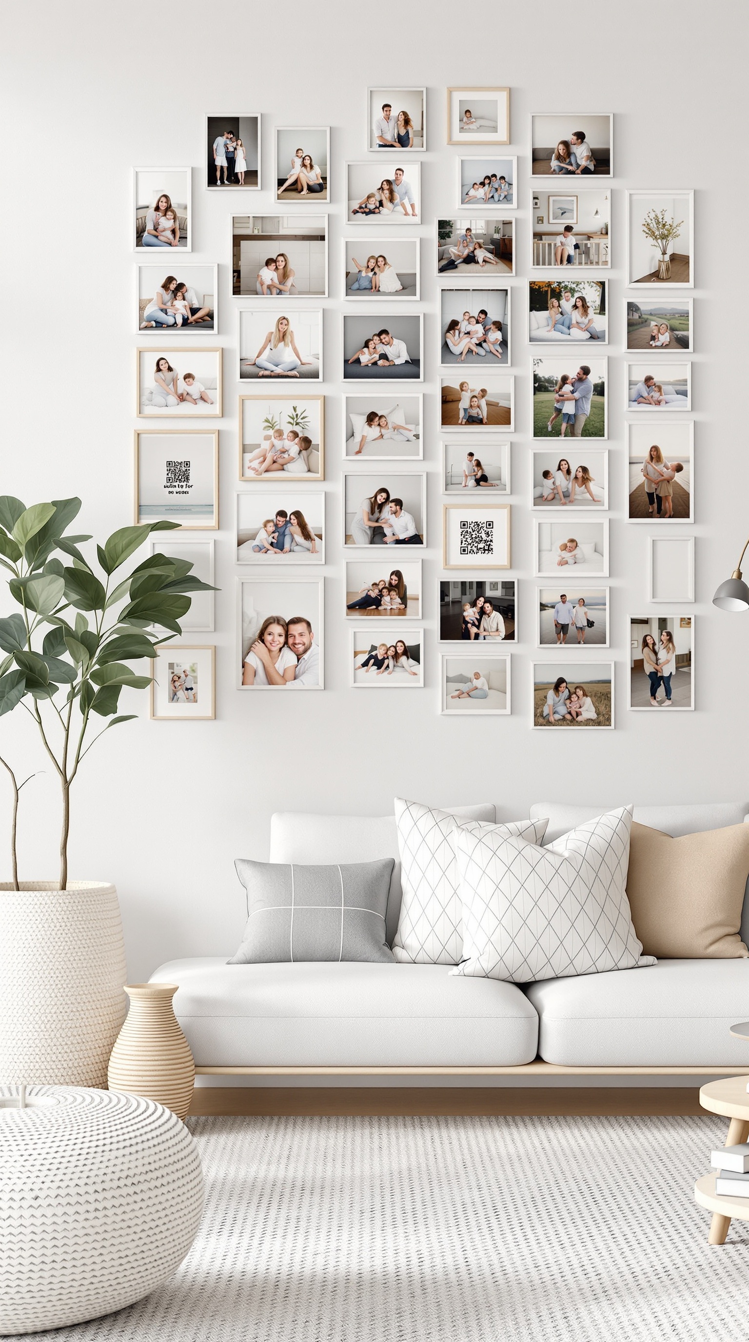 A stylish family photo wall with various framed pictures and a cozy living room setup.