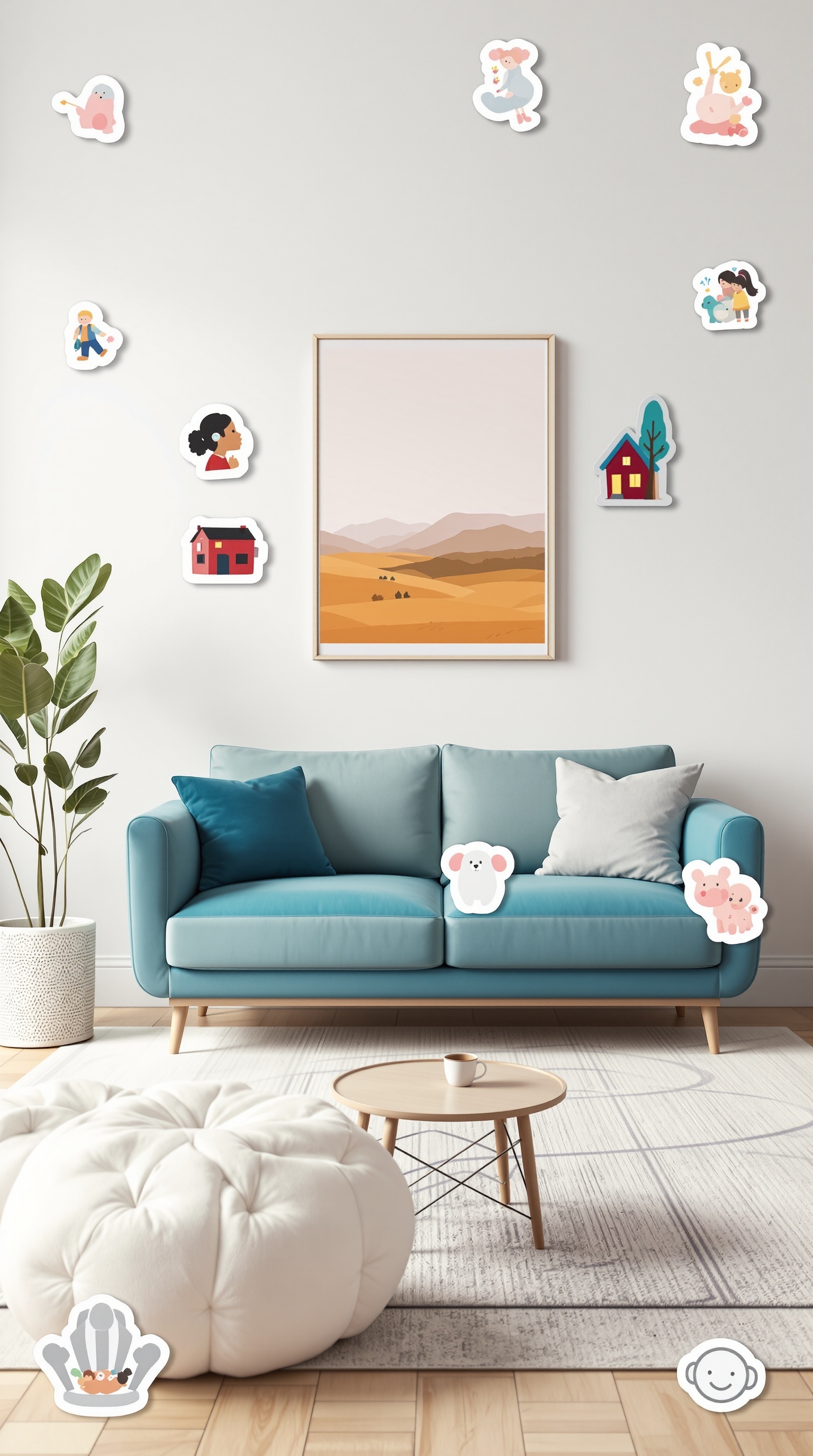A cozy living room with colorful interactive family stickers on the wall and furniture.