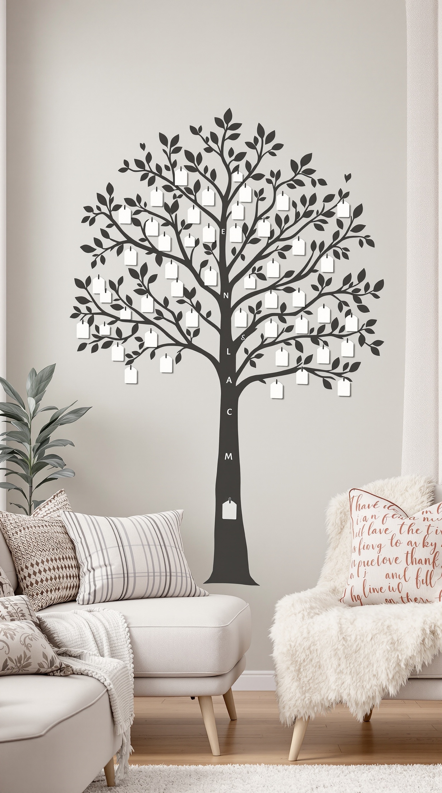 Interactive family tree wall decal with blank tags for names