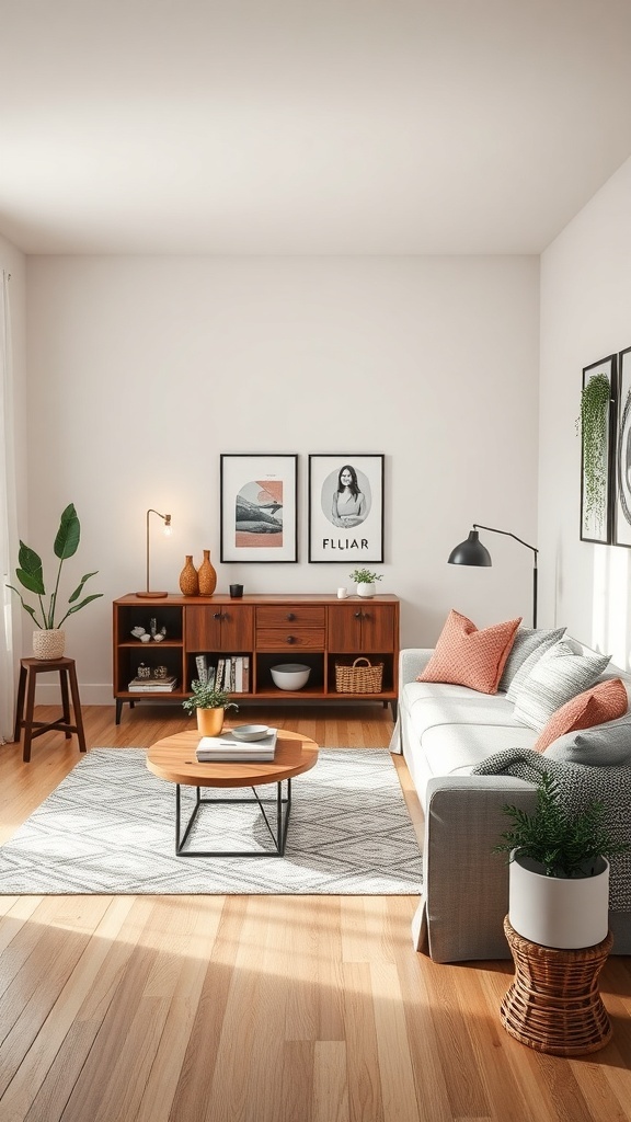 A cozy living room with a stylish sofa, wooden furniture, and decorative plants.