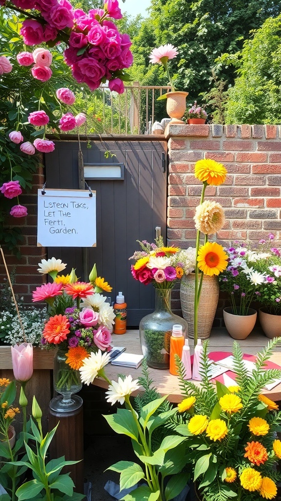 Colorful flower crown station setup with various flowers and a friendly sign in a garden.