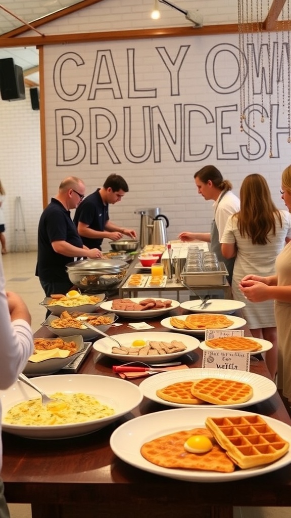A lively brunch setup featuring various food stations with waffles, eggs, bacon, and guests enjoying the buffet