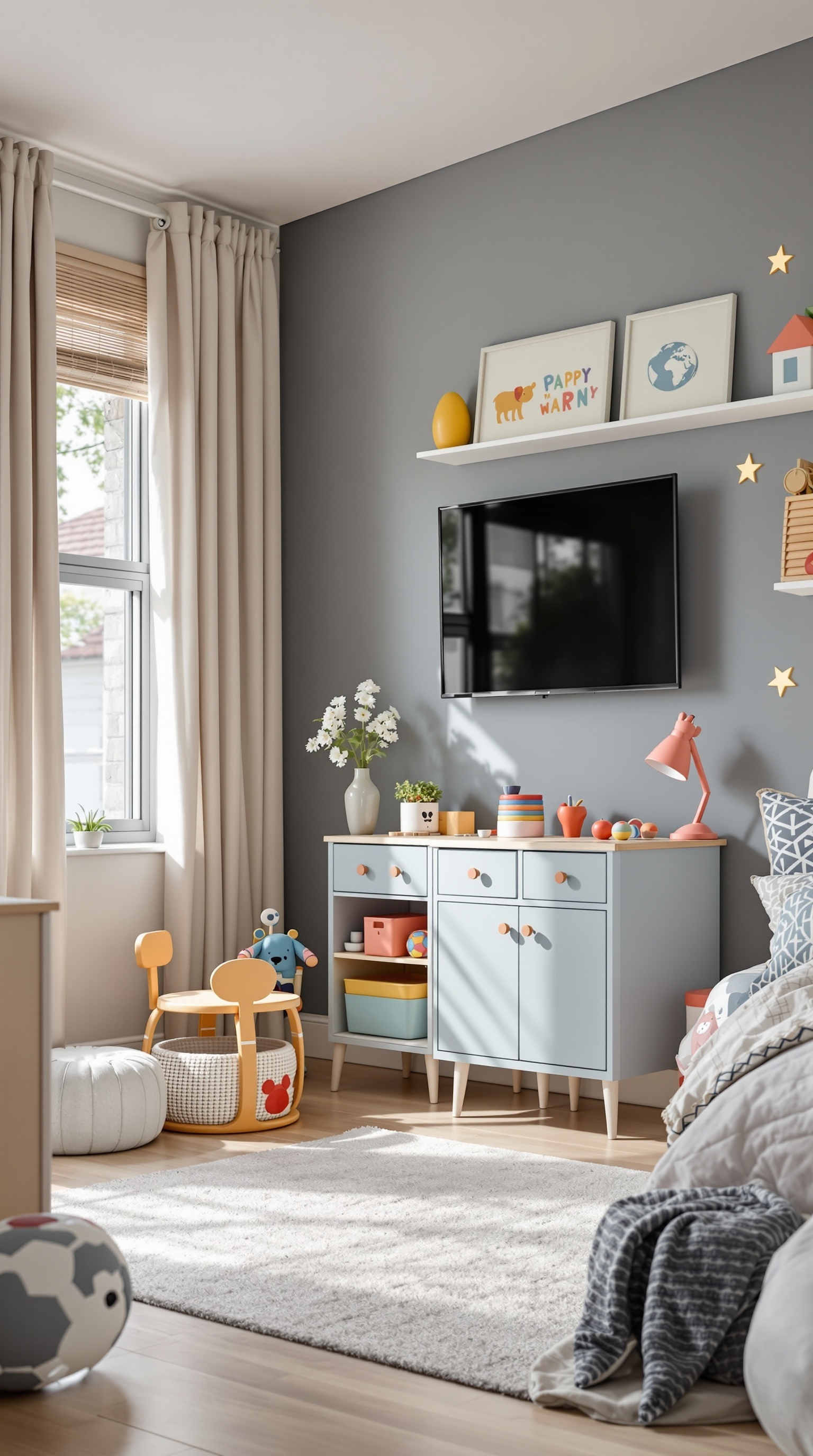 A stylish kids' bedroom featuring interactive furniture, including a light blue storage unit, a small chair, and a cozy rug.