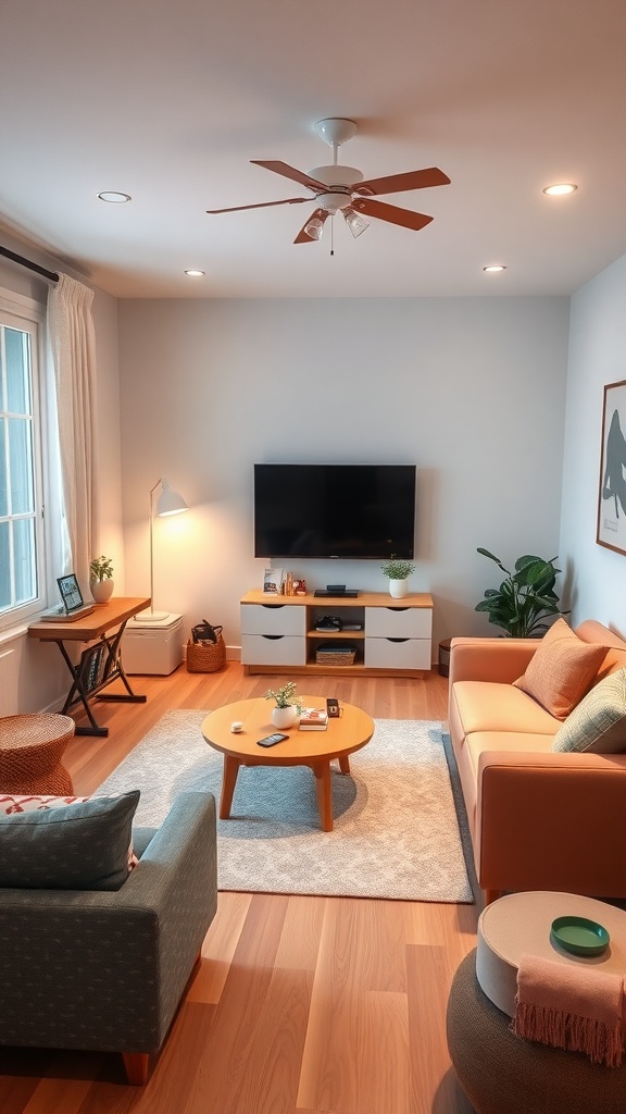 A cozy living room with a TV, coffee table, and comfortable seating, ideal for an interactive game room.
