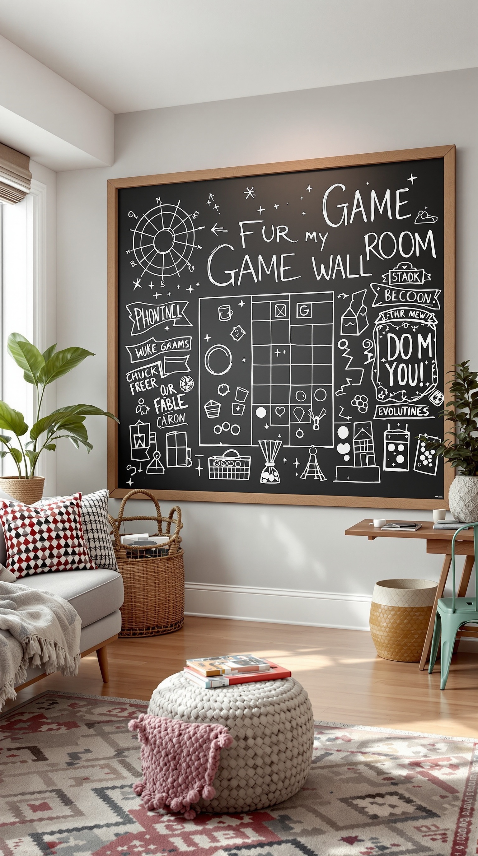 A cozy game room featuring an interactive chalkboard wall filled with drawings and game ideas, surrounded by comfortable seating and plants.