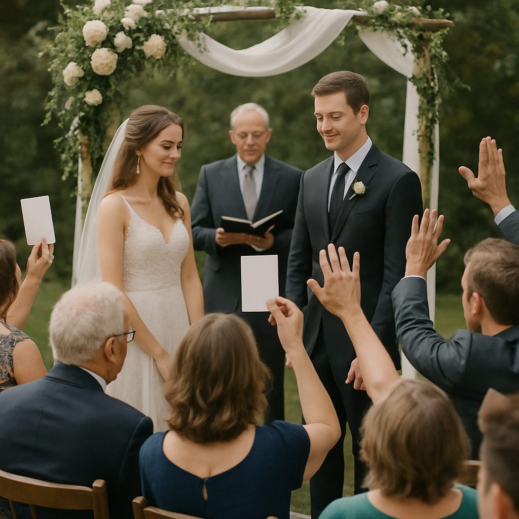 A couple at their wedding ceremony with guests holding up cards for interactive participation.