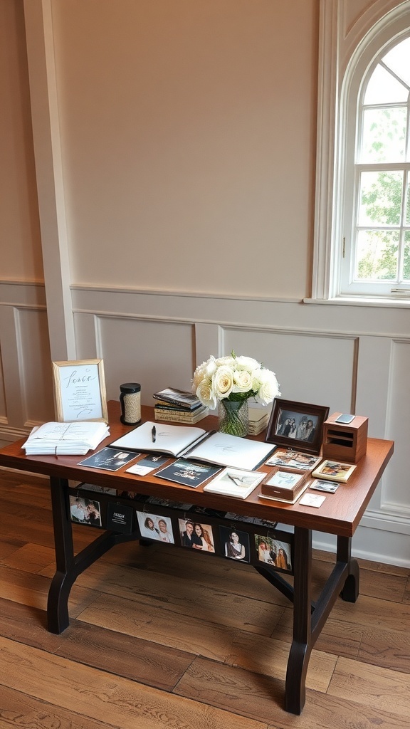 A beautifully decorated table with flowers and guestbook items for a bridal shower.