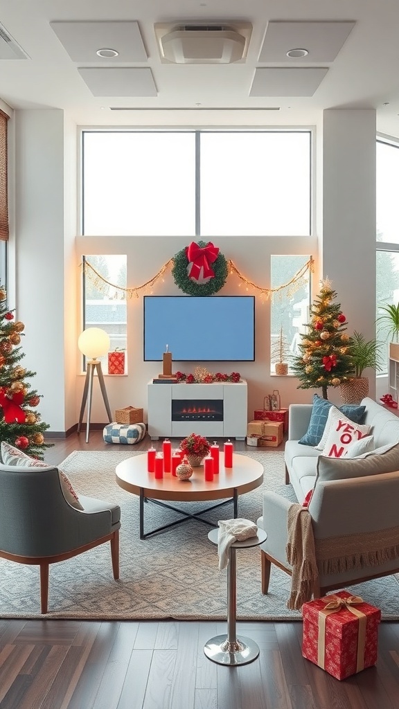 A cozy office decorated for Christmas with trees, candles, and festive decor.