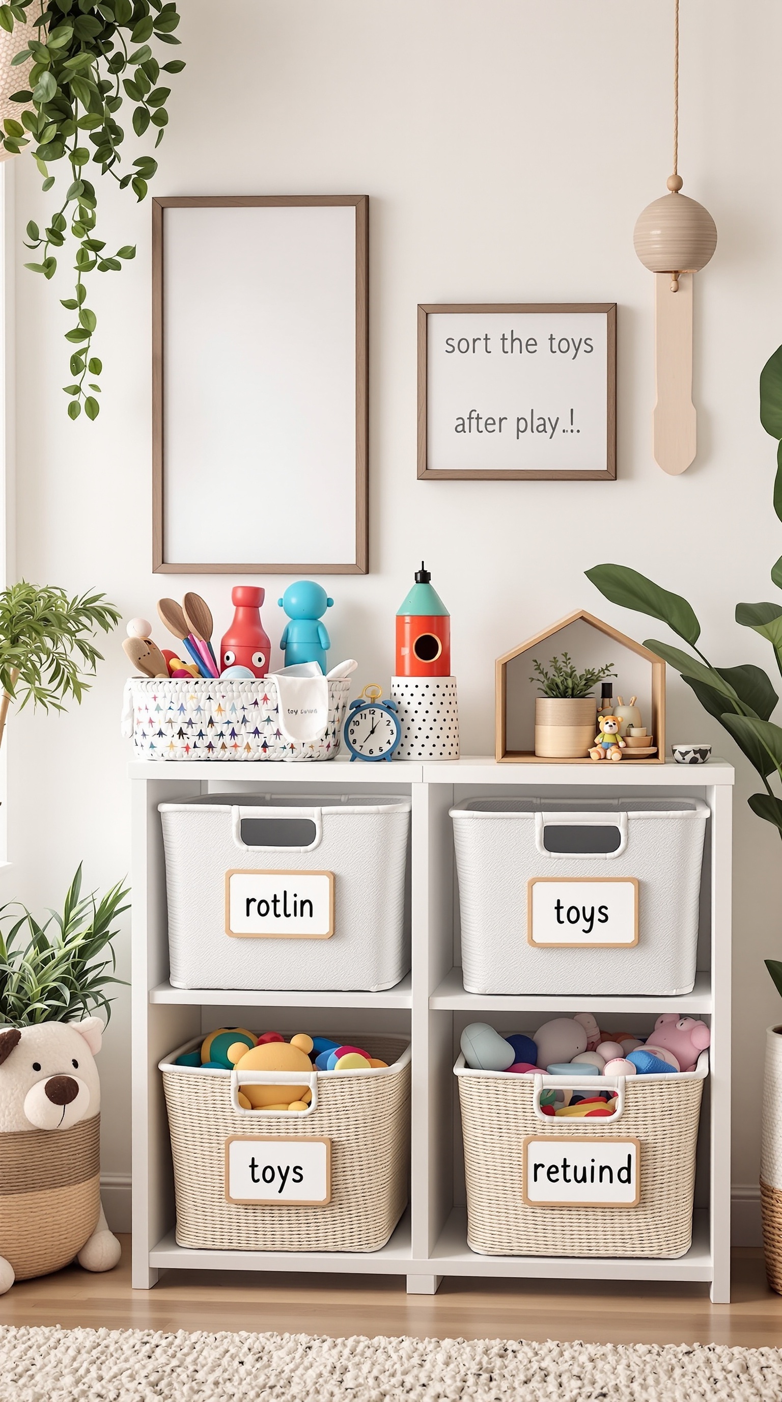 A well-organized toy storage unit with labeled bins for sorting toys, featuring colorful toys and a cheerful atmosphere.