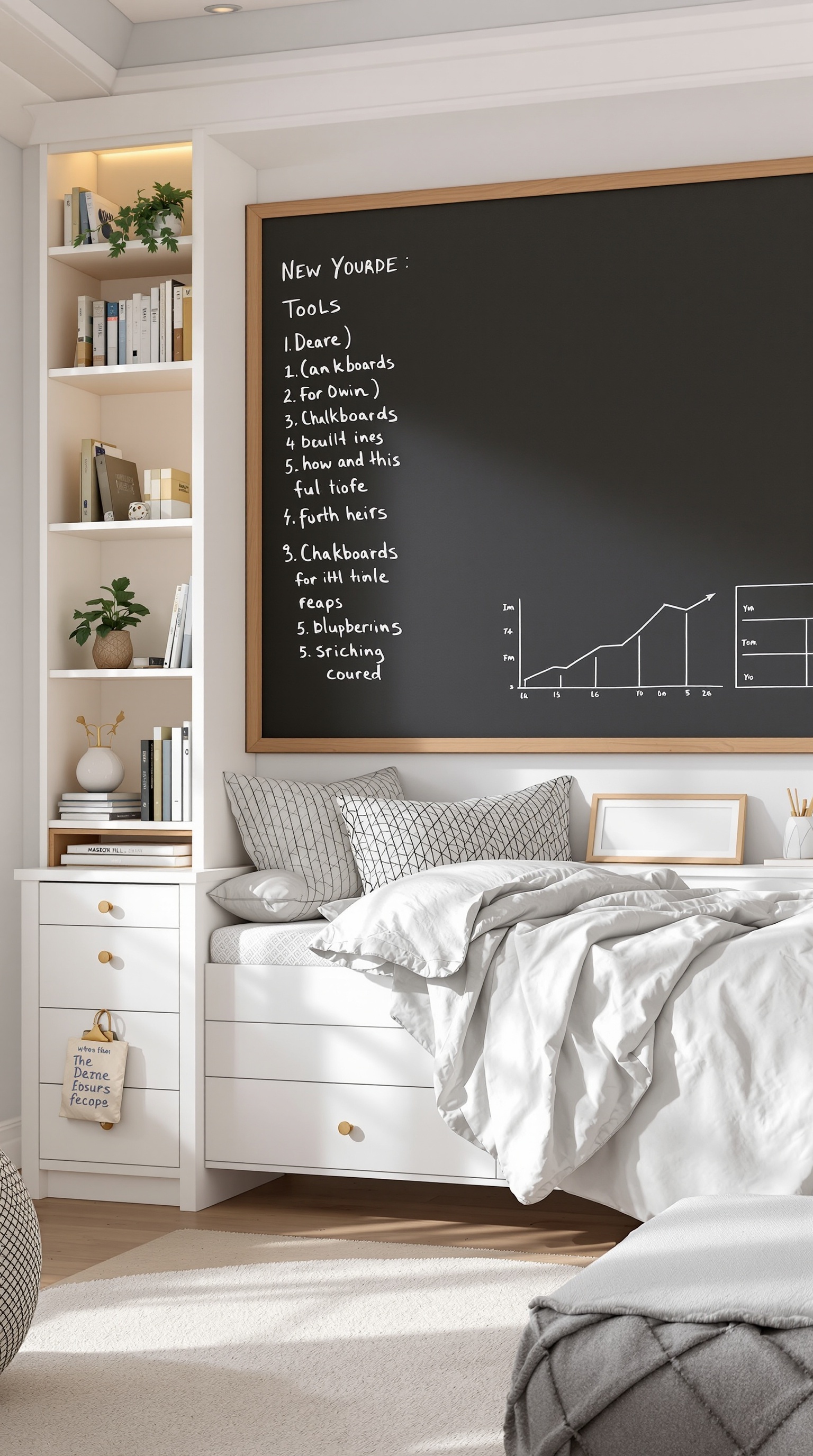 A cozy kids bed with a chalkboard wall and bookshelves, promoting interactive learning.