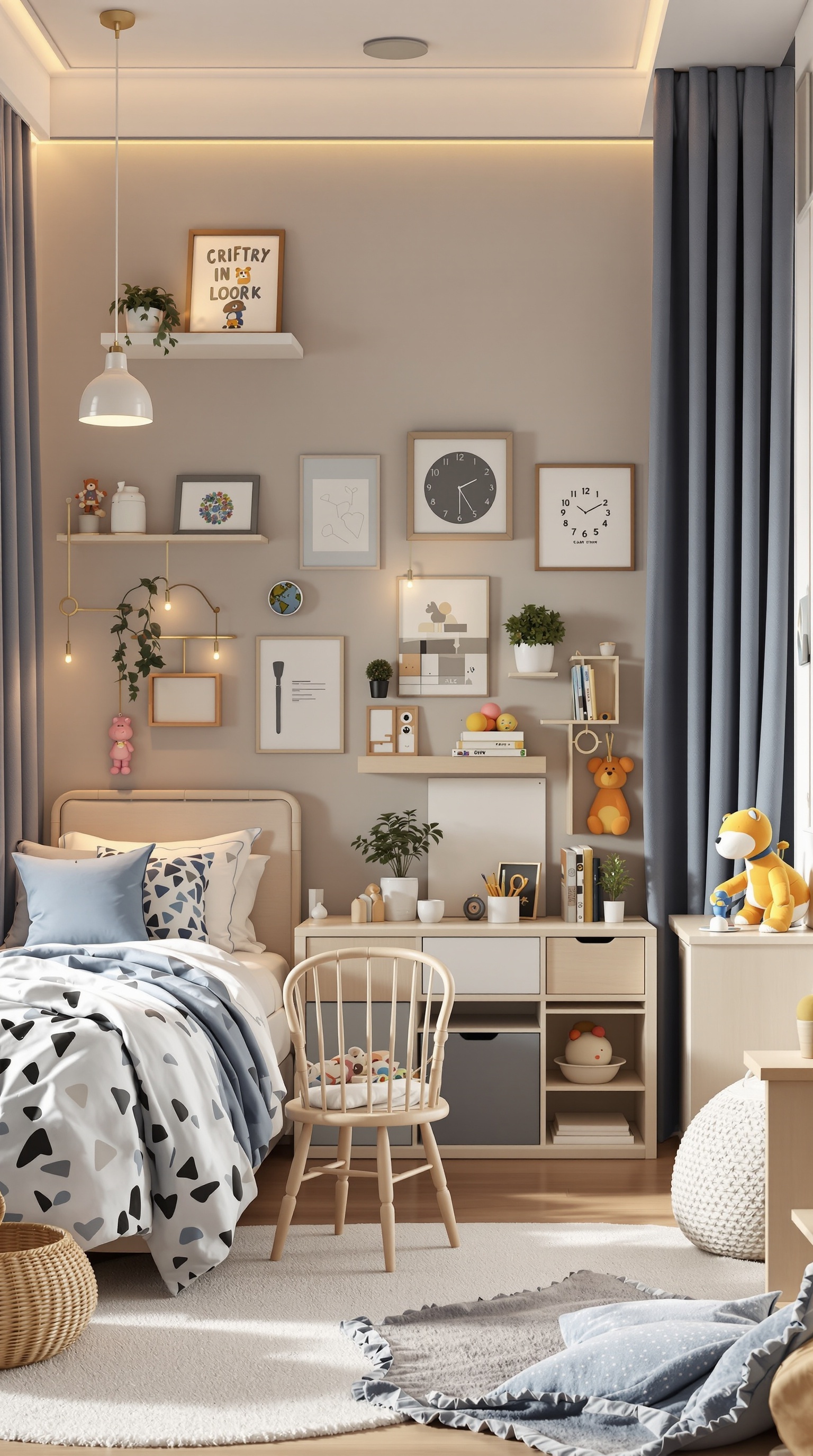 A luxury kids bedroom featuring a cozy bed, study area, and playful decor.