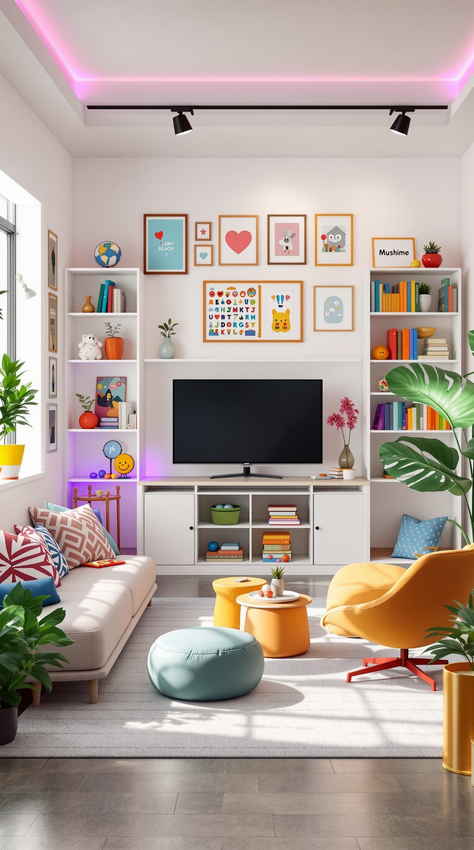A colorful and inviting children's learning space with bright furniture, bookshelves, and playful decorations.