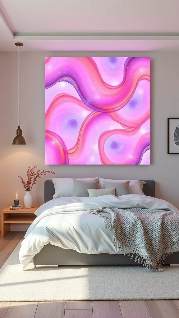 Interactive LED wall art with swirling pink and purple designs in a modern bedroom setting