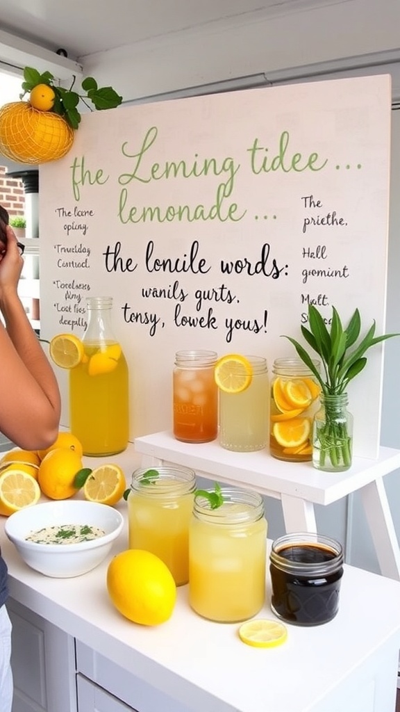A beautifully arranged lemonade bar with different jars of lemonade, fresh lemons, and herbs for mixing drinks.