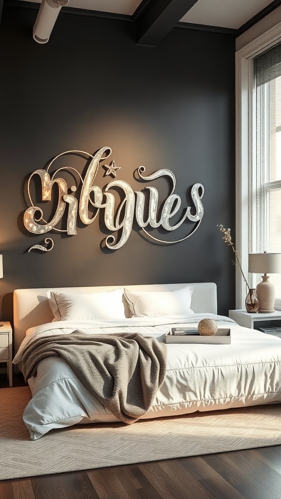A stylish metal wall art piece with intricate lettering, illuminated in a cozy bedroom setting.