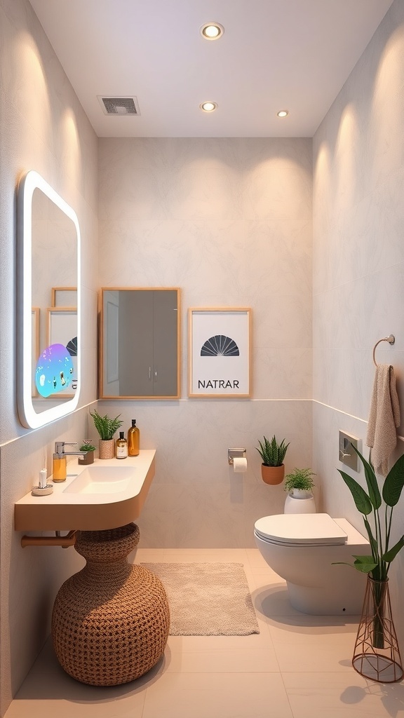 A stylish bathroom featuring an interactive illuminated mirror, modern decor, and plants.