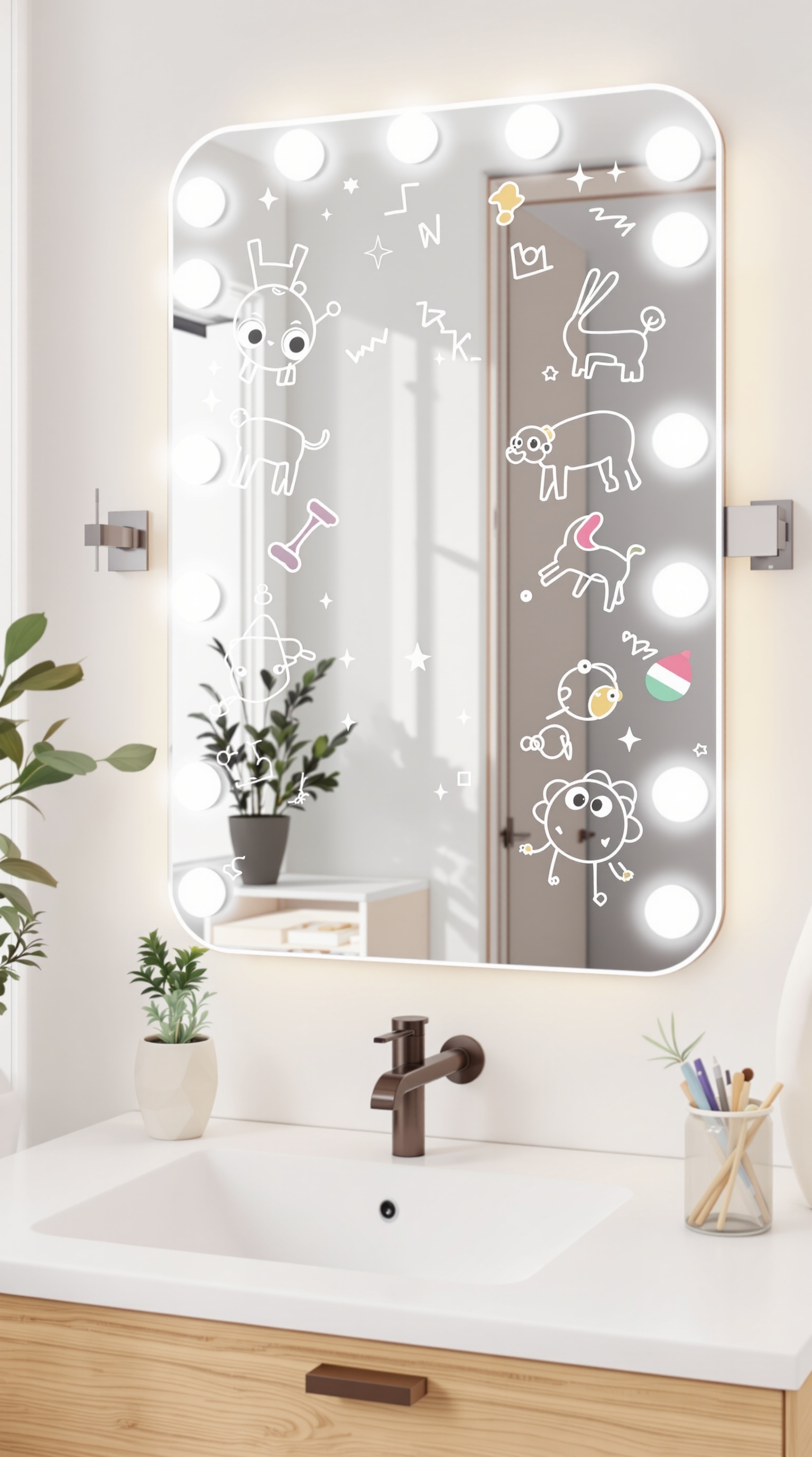 A playful interactive mirror in a kids' bathroom, featuring doodles and bright lights.