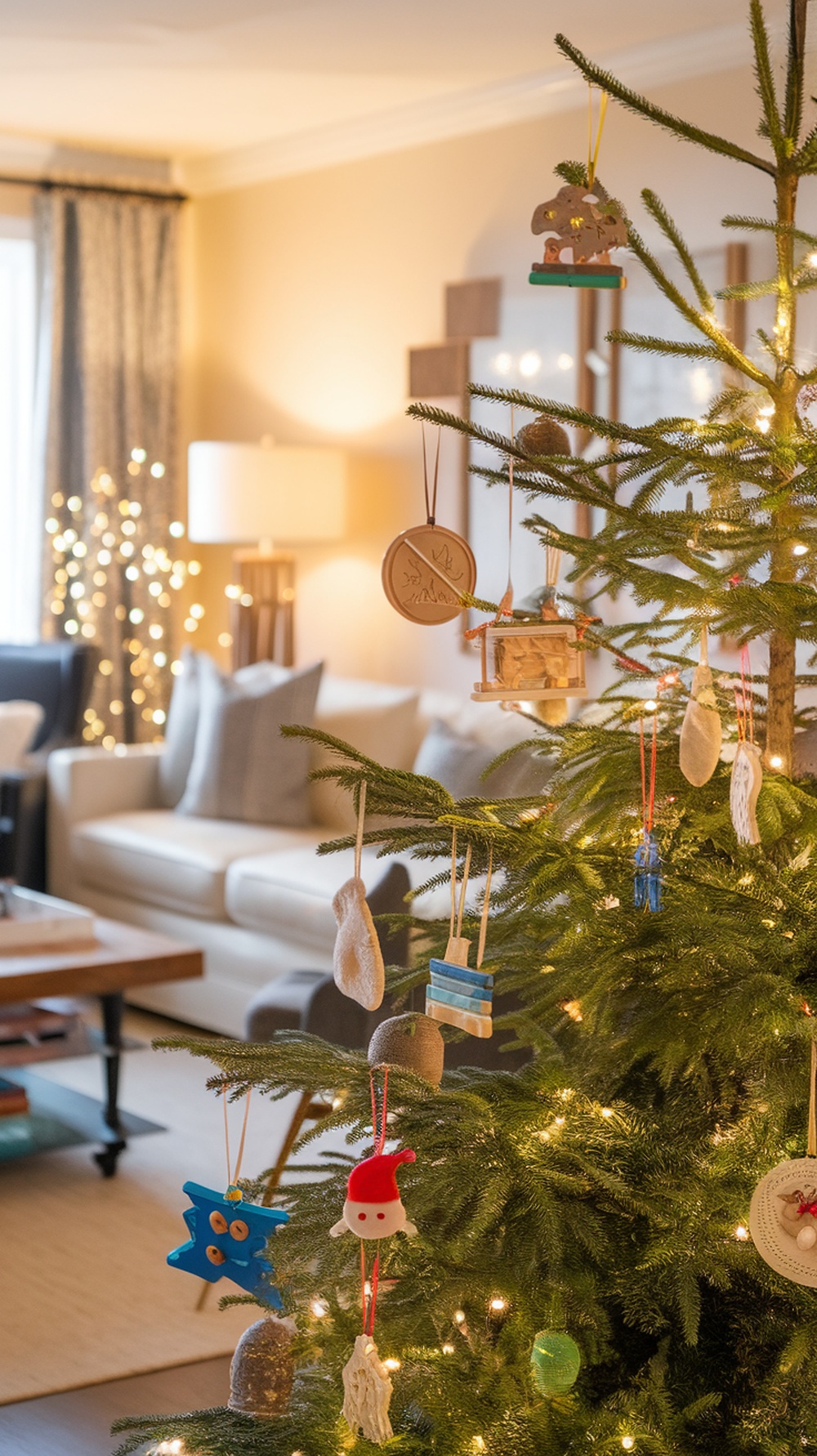 A decorated Christmas tree with various interactive ornaments, including a blue star, snowman, and handmade decorations, set in a cozy living room.