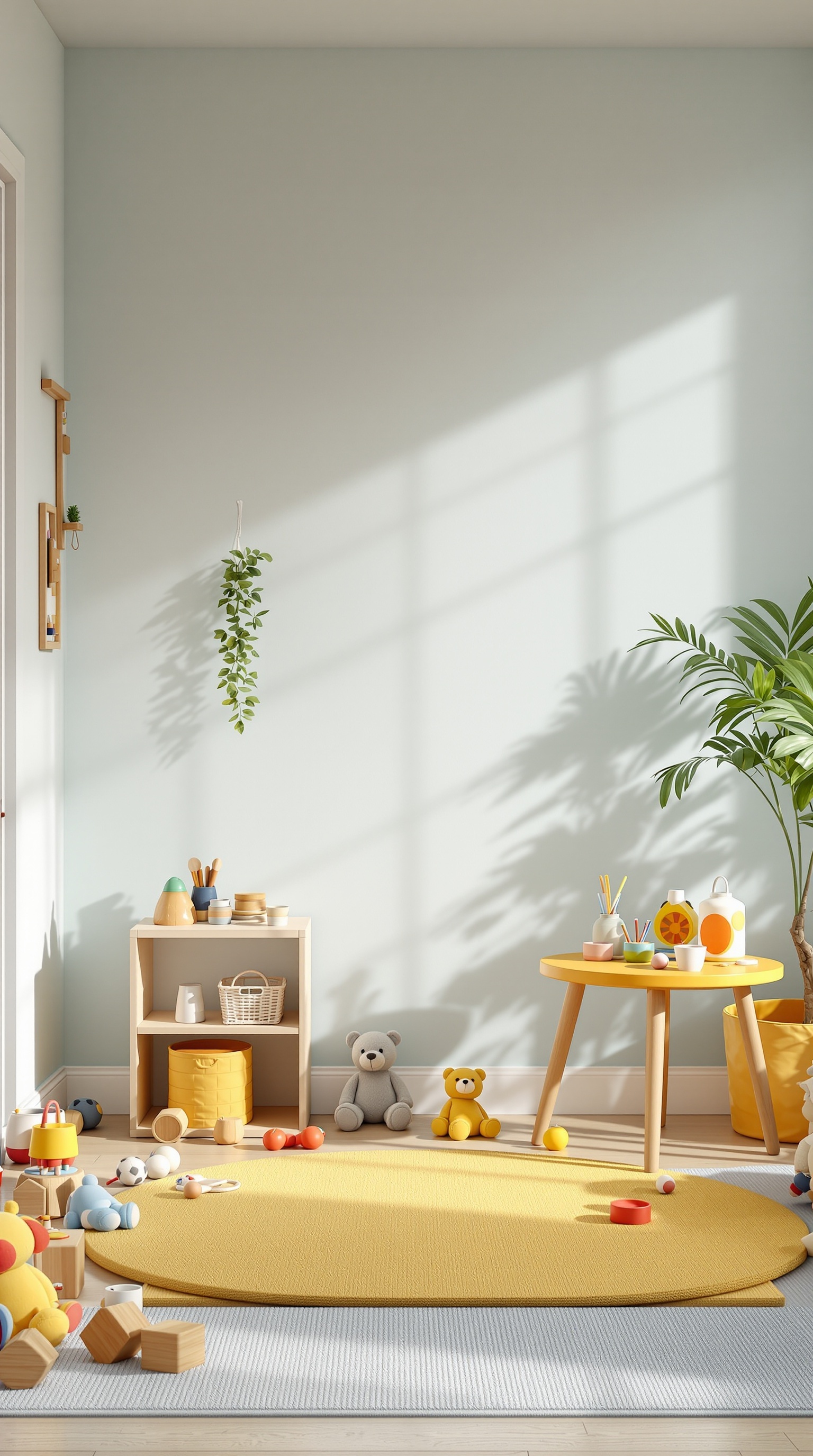 A bright and cheerful toddler play area with a yellow rug, toys, and art supplies.
