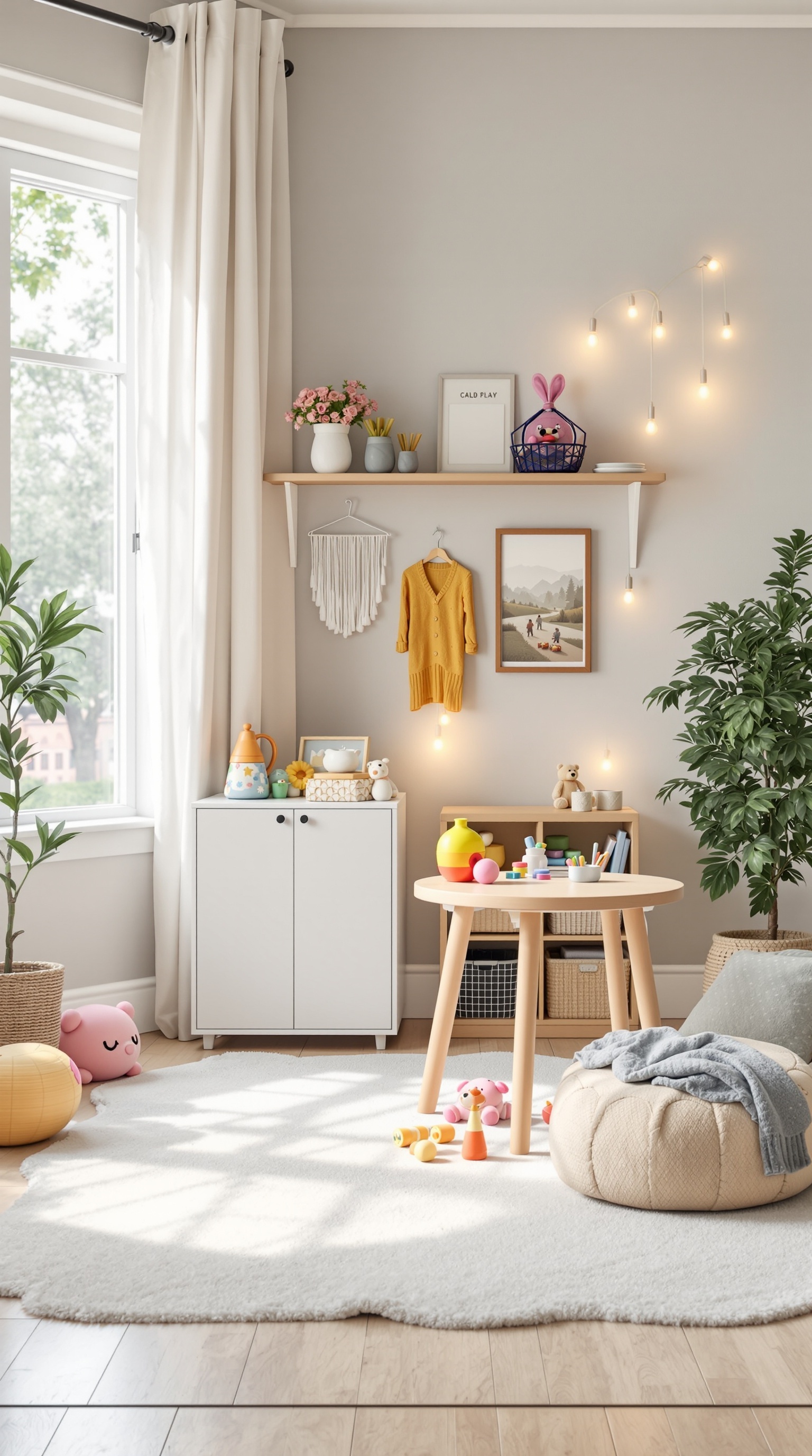 A cozy toddler room with an interactive play area featuring a round table, colorful toys, and soft rugs.