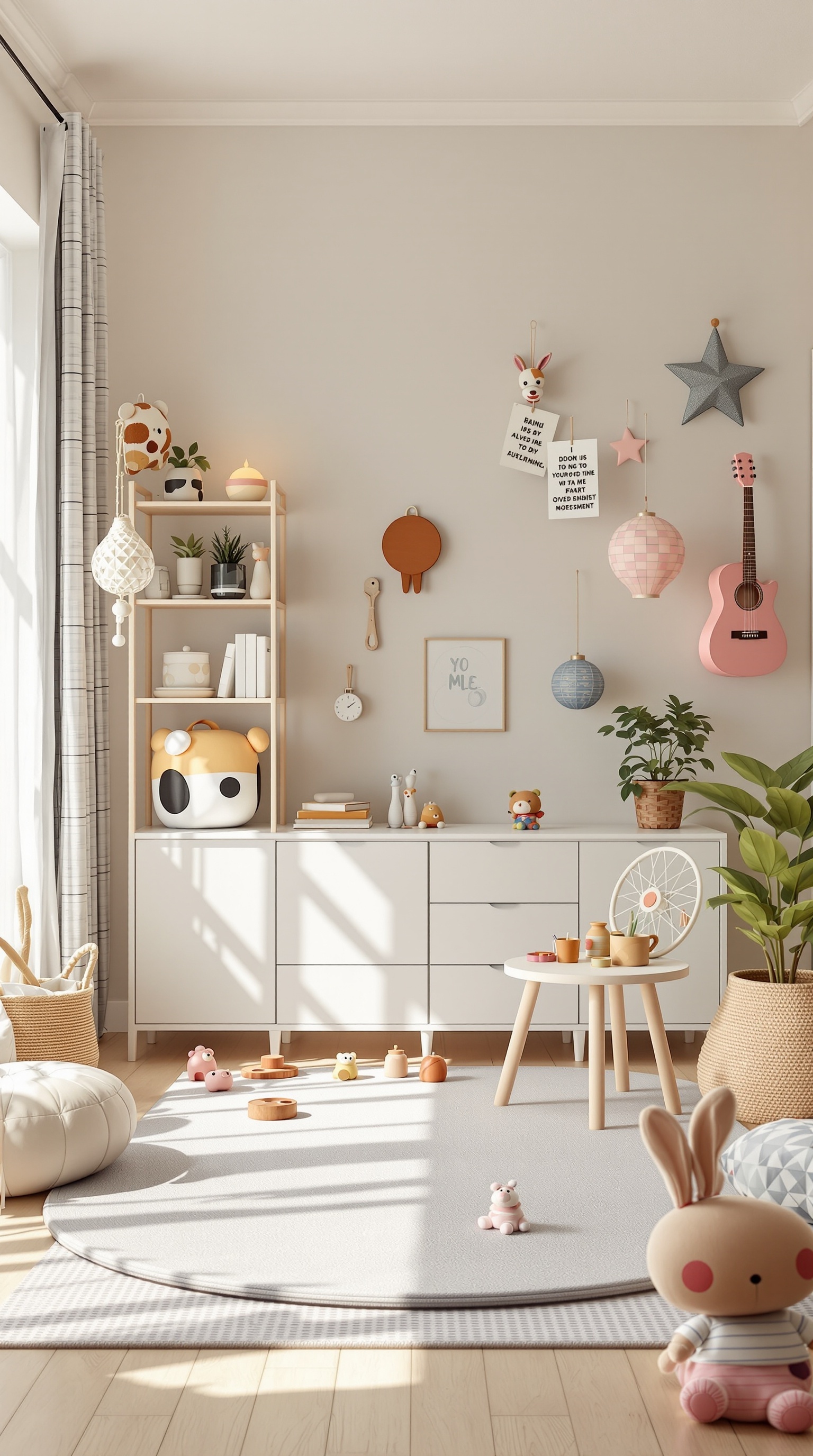 A toddler bedroom with an interactive play area featuring a round rug, toys, and colorful decor.