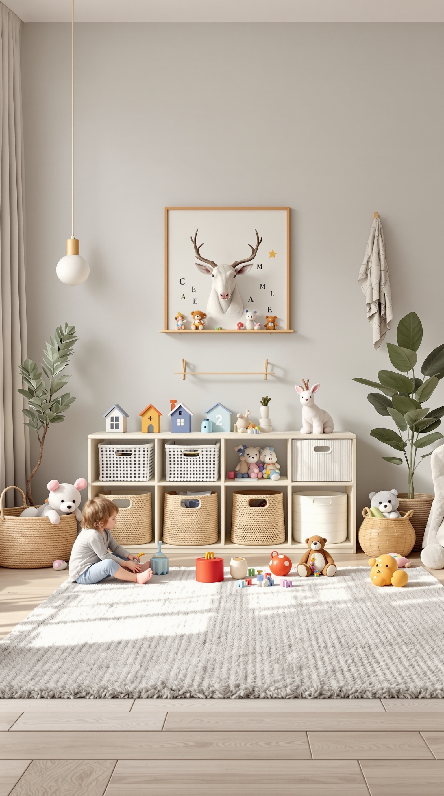 A cozy living room play area with a child playing on a rug, surrounded by toys and storage solutions.