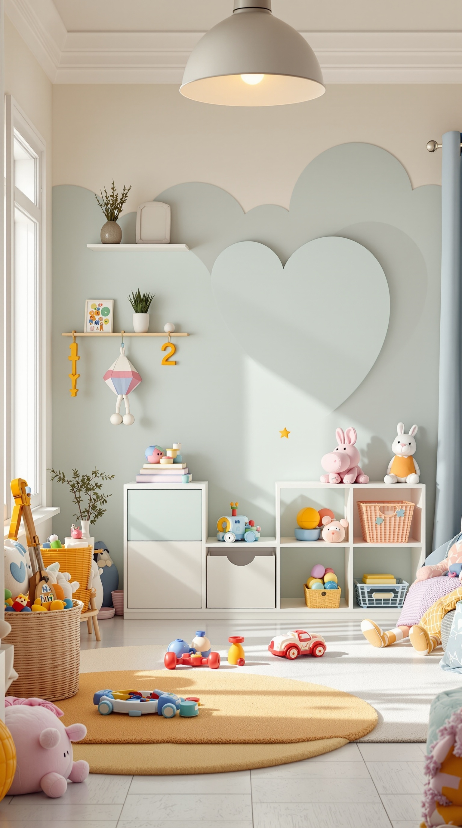 A bright and colorful kids room featuring interactive play areas with toys, a heart-shaped wall, and organized storage.
