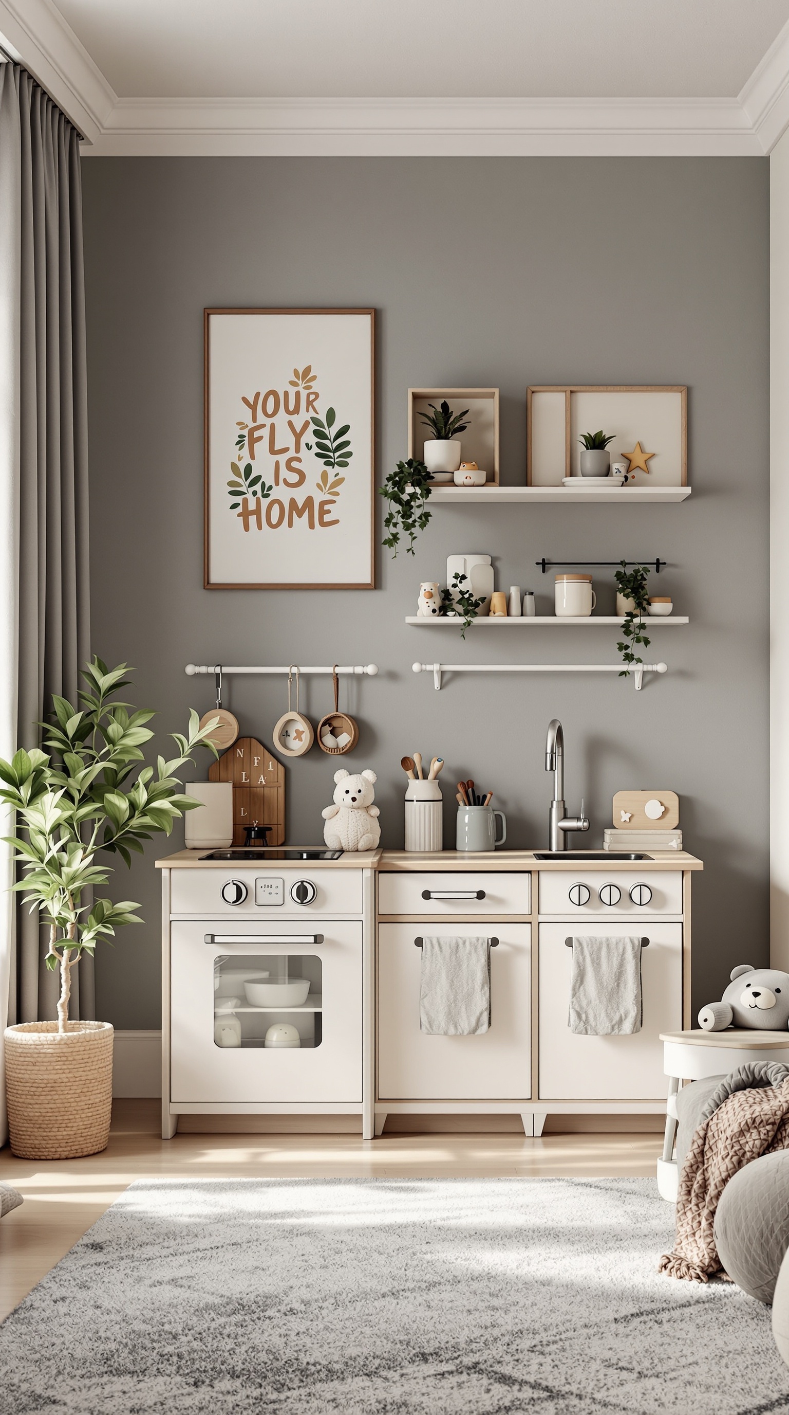 A small kid's room featuring an interactive play kitchen with shelves and soft toys.