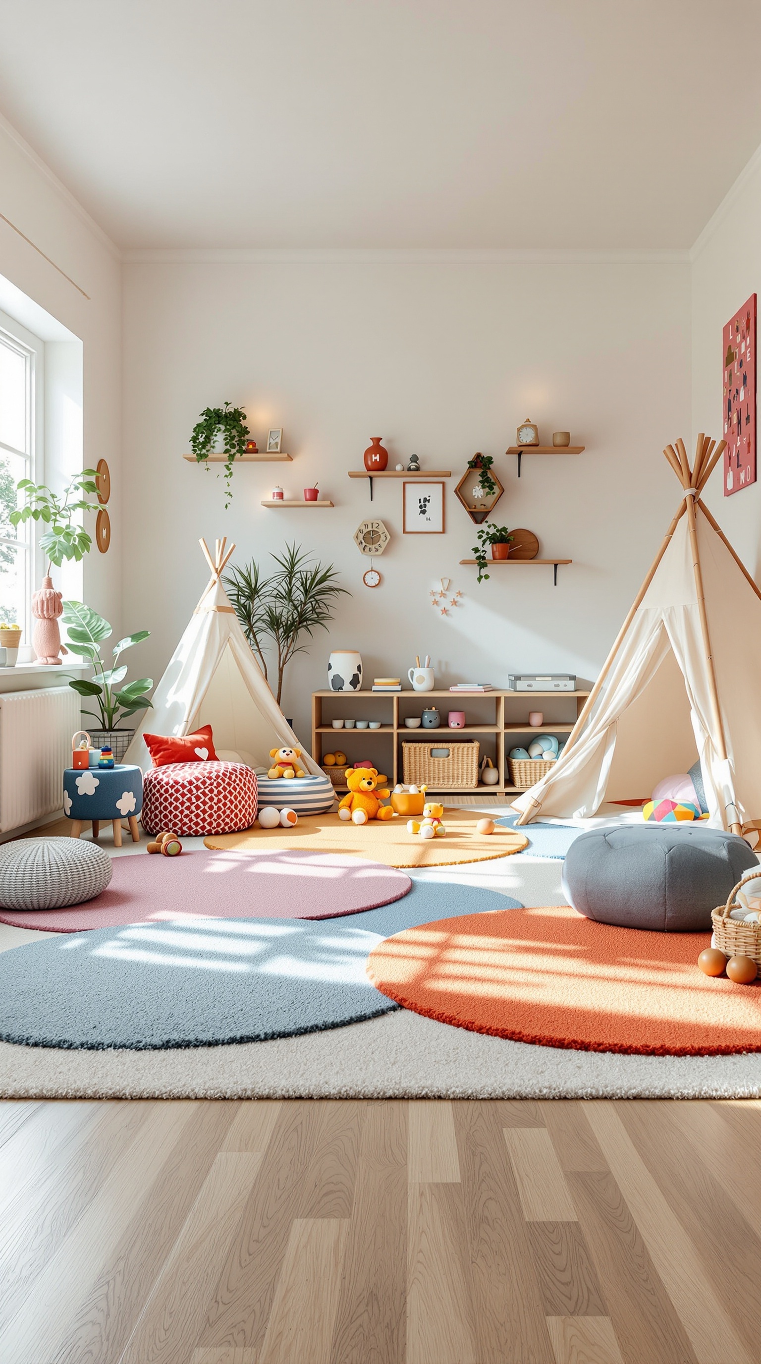 A colorful kids room with teepees, playful rugs, and cheerful decor.