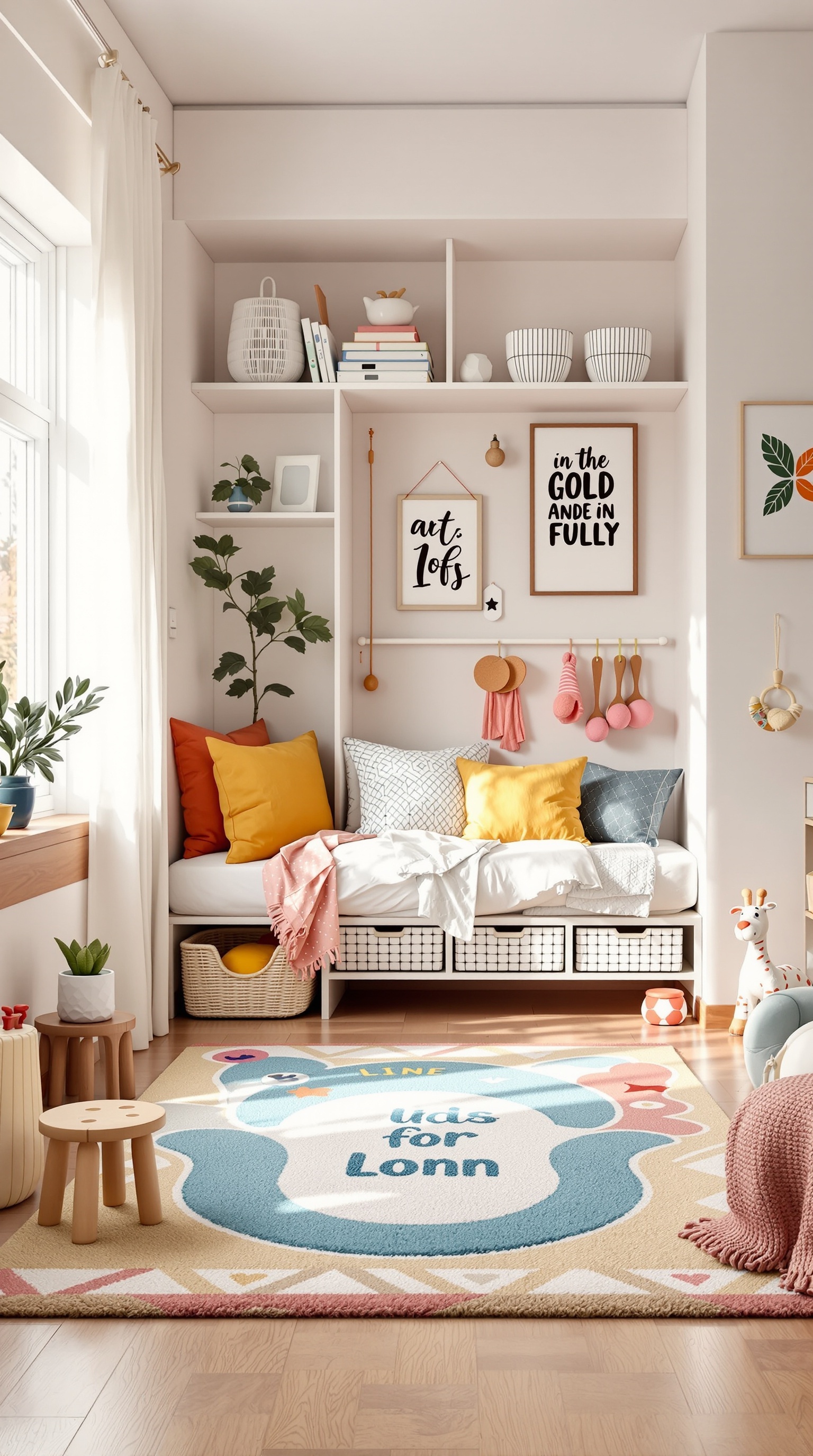 A cozy bedroom corner with colorful cushions, a playful rug, and shelves filled with books and decor.