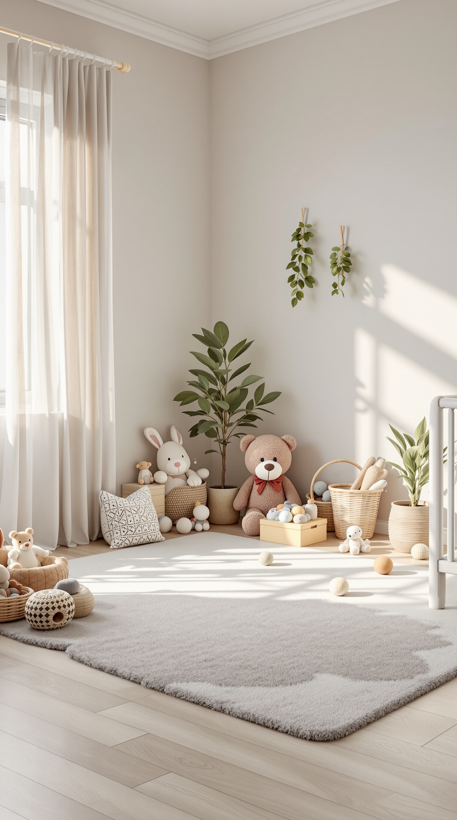 A cozy baby room with soft toys, plants, and a warm atmosphere.
