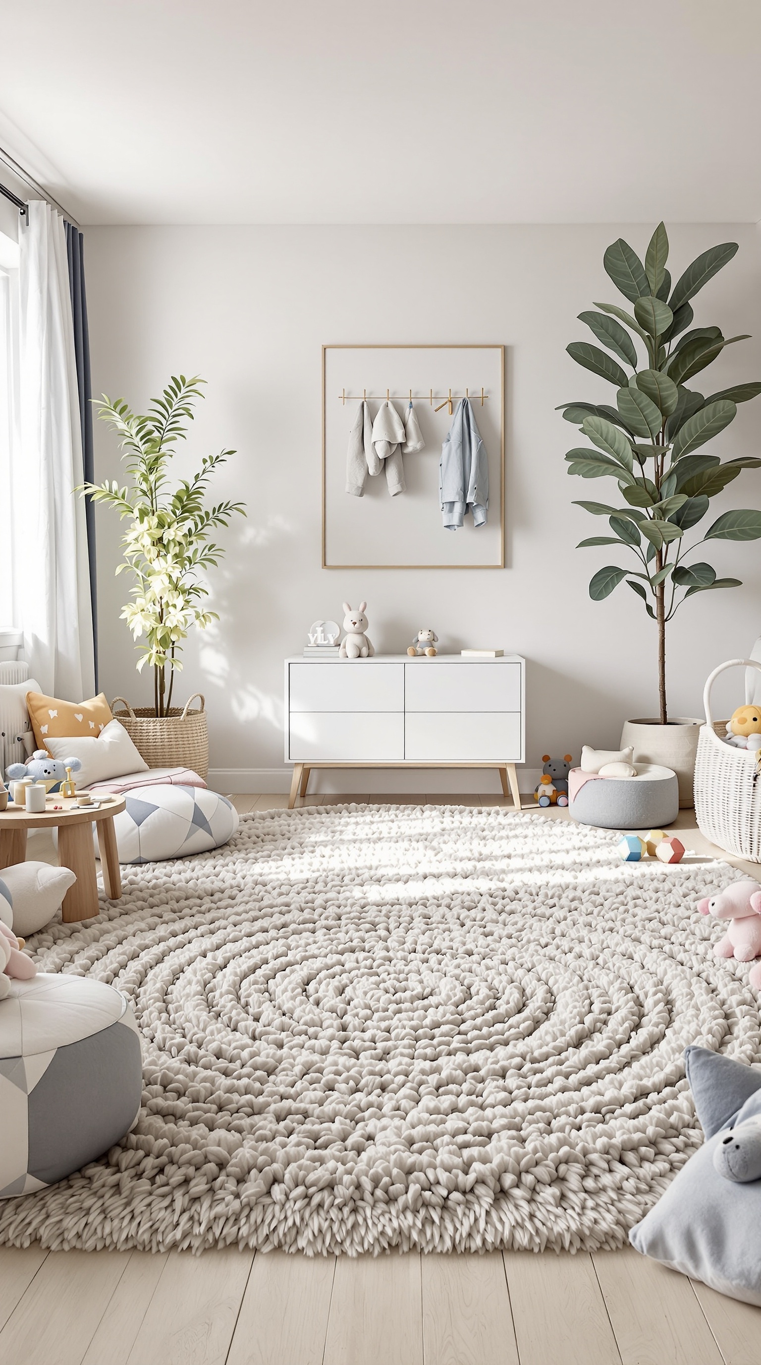 A cozy toddler bedroom featuring a plush circular rug, cushions, and toys, creating an inviting play area.