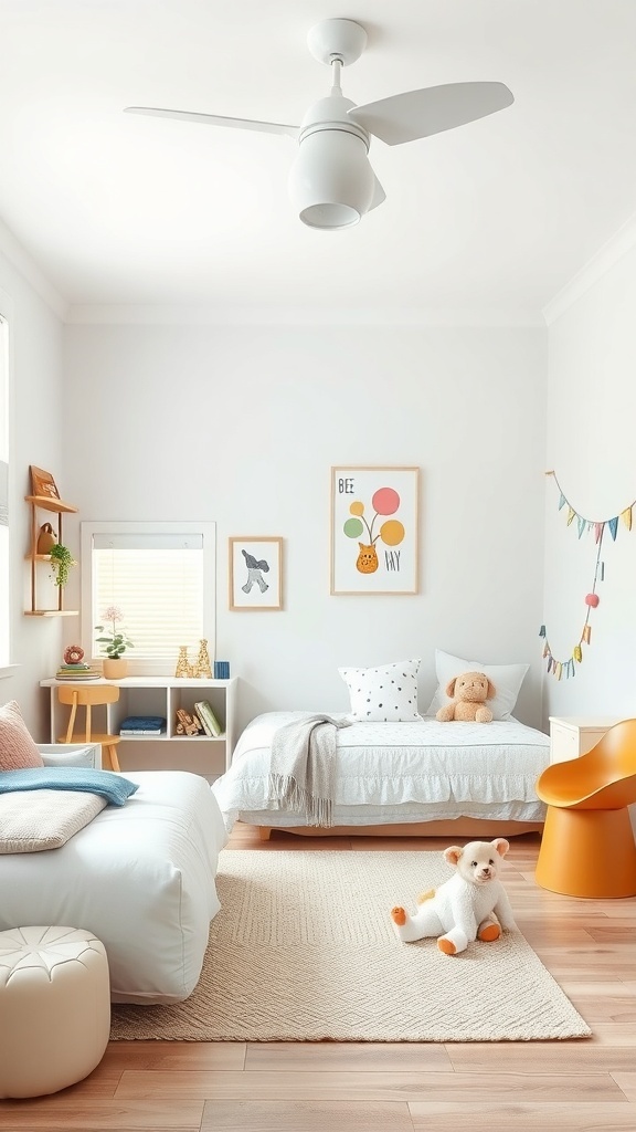 A bright children's bedroom featuring a cozy bed, playful decor, and a soft rug for an interactive play space.