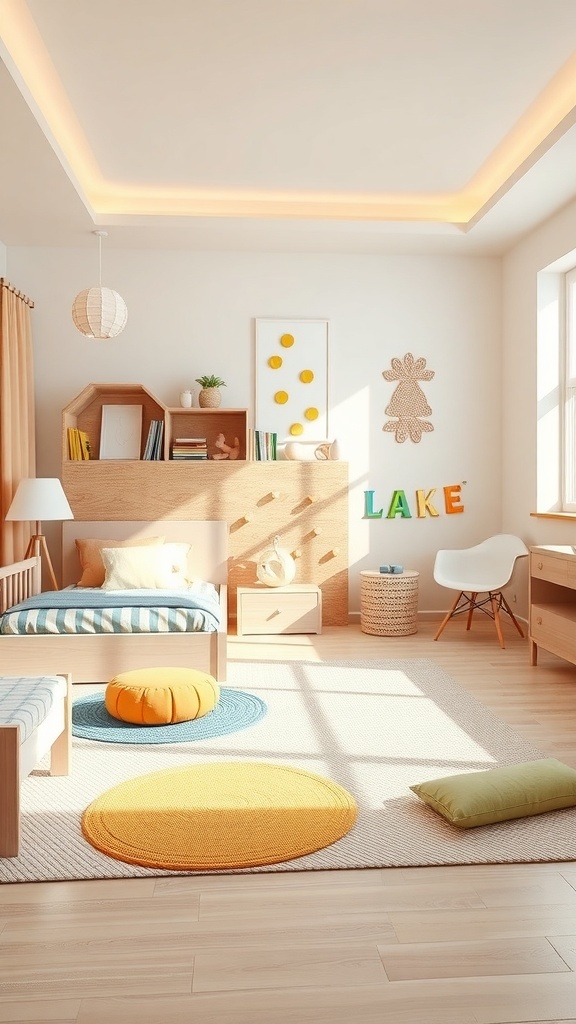 A bright children's bedroom featuring a cozy bed, colorful rugs, cushions, and cheerful wall decorations.