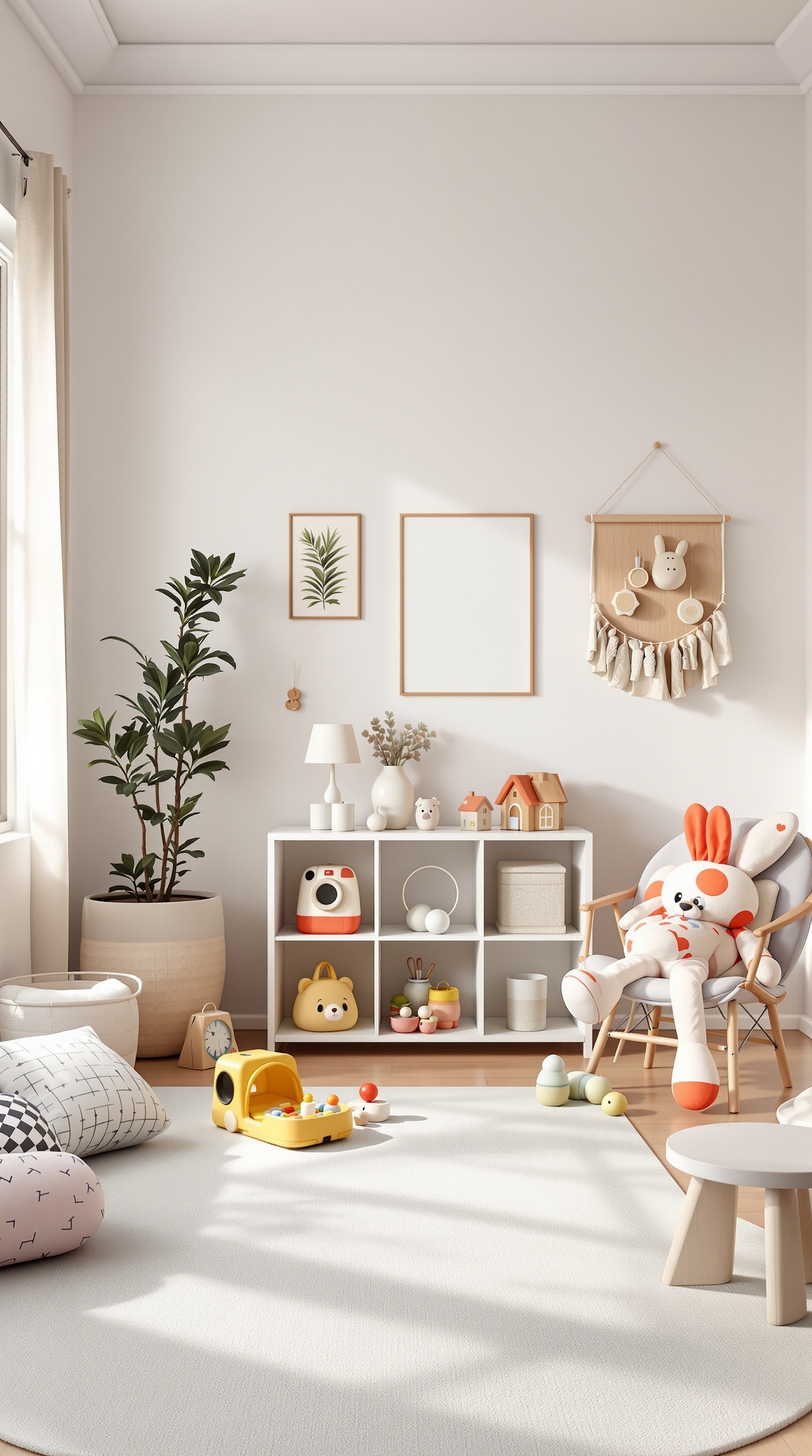 A bright and inviting kids room with toys, cushions, and a shelving unit.