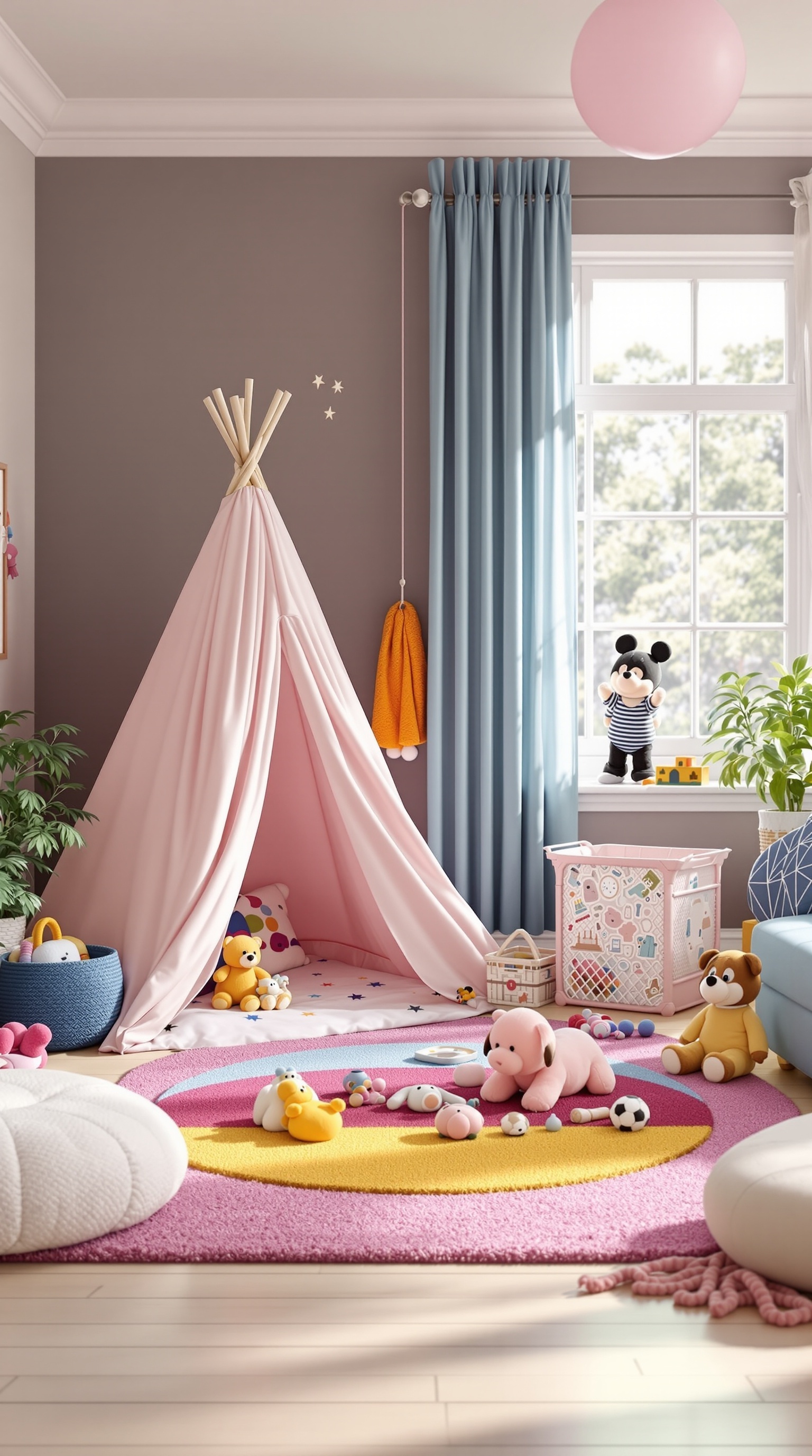 A colorful and cozy kids room featuring a pink teepee, plush toys, and a bright rug.