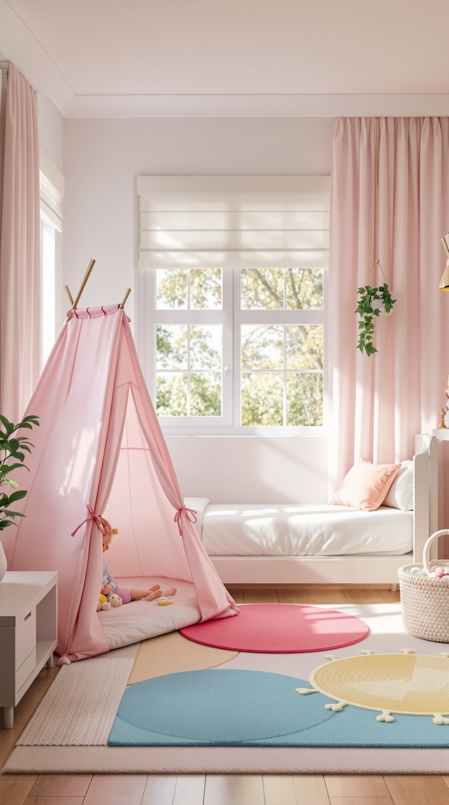 A toddler's bedroom featuring a pink teepee, colorful rugs, and natural light.