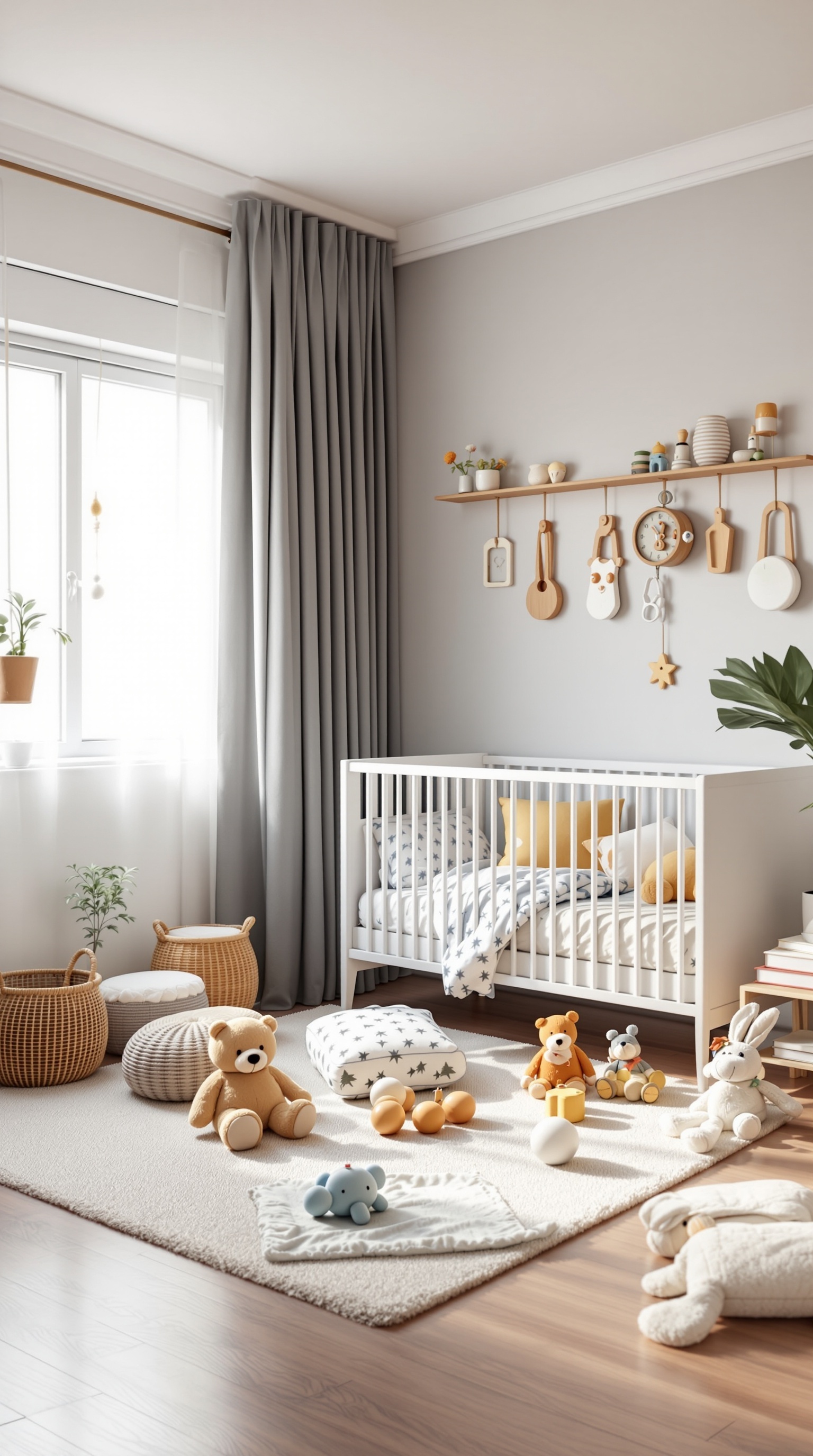 A cozy baby boy bedroom featuring a crib, plush toys, and a soft rug for play.