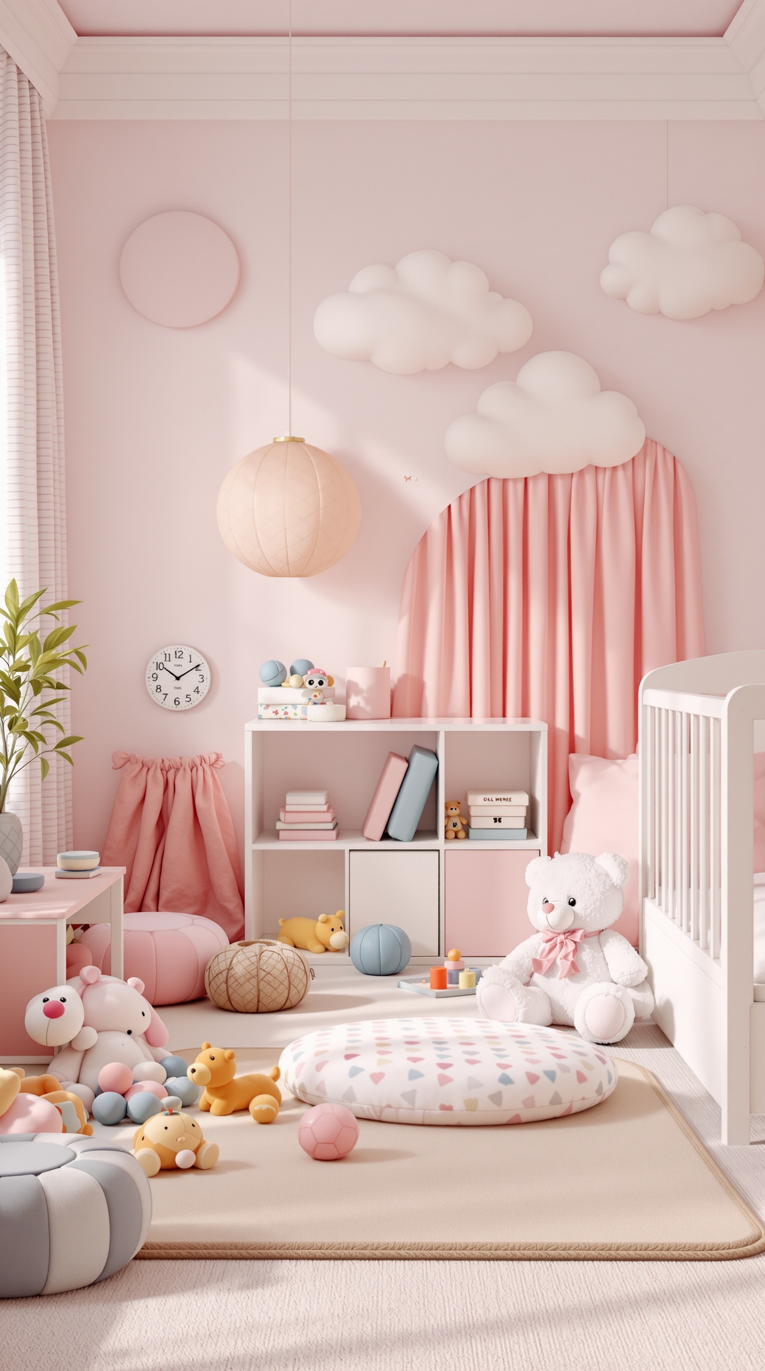 A cozy baby girl bedroom with playful decor, soft toys, and a warm color scheme.